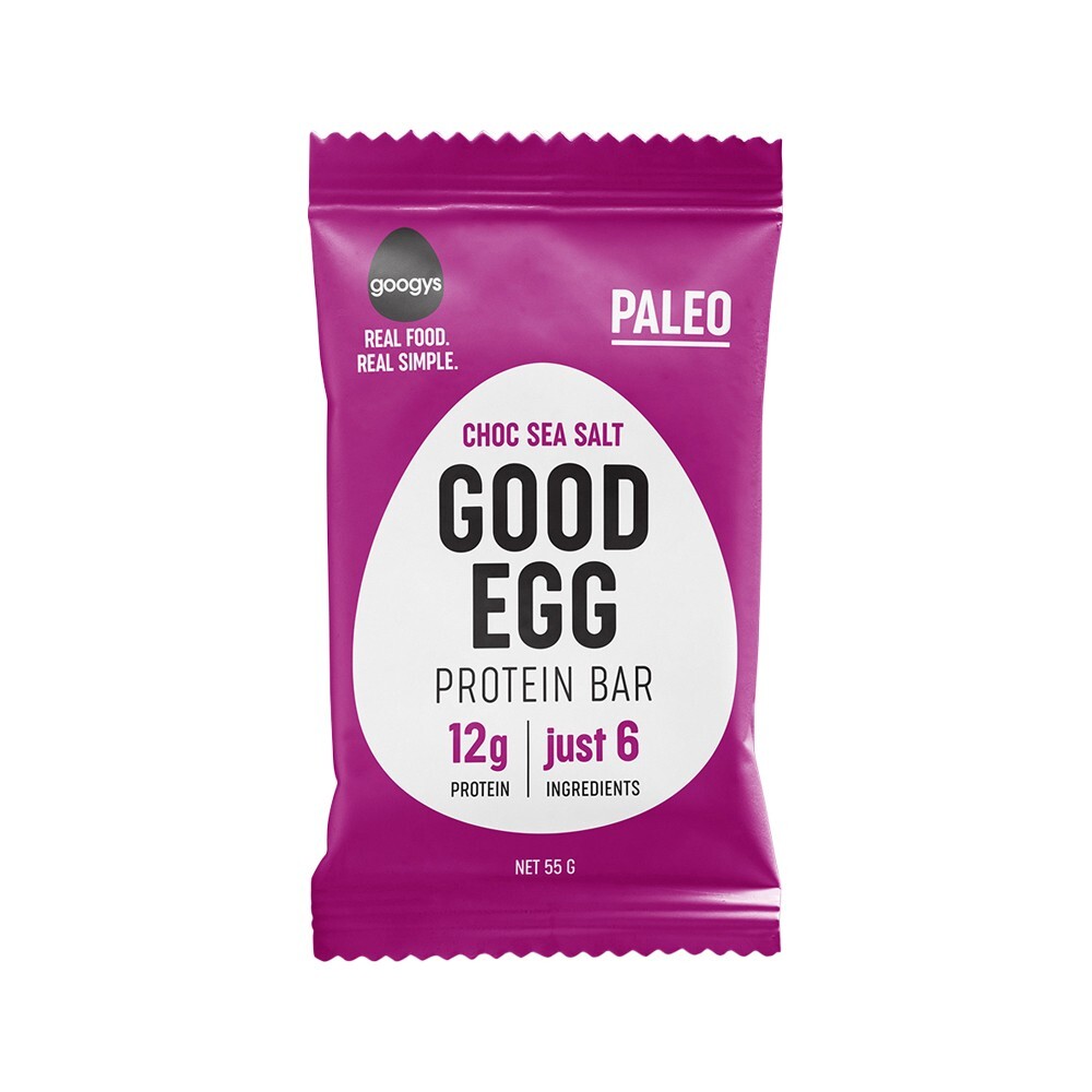 New Googys Good Egg Protein Bar Choc Sea Salt 55g x 12 Bars