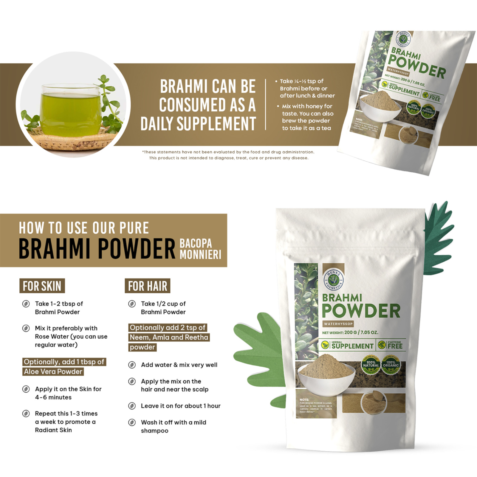 Brahmi Powder (Waterhyssop) Bacopa Monnieri | 200 Grams (7.05 Ounces) | Natural