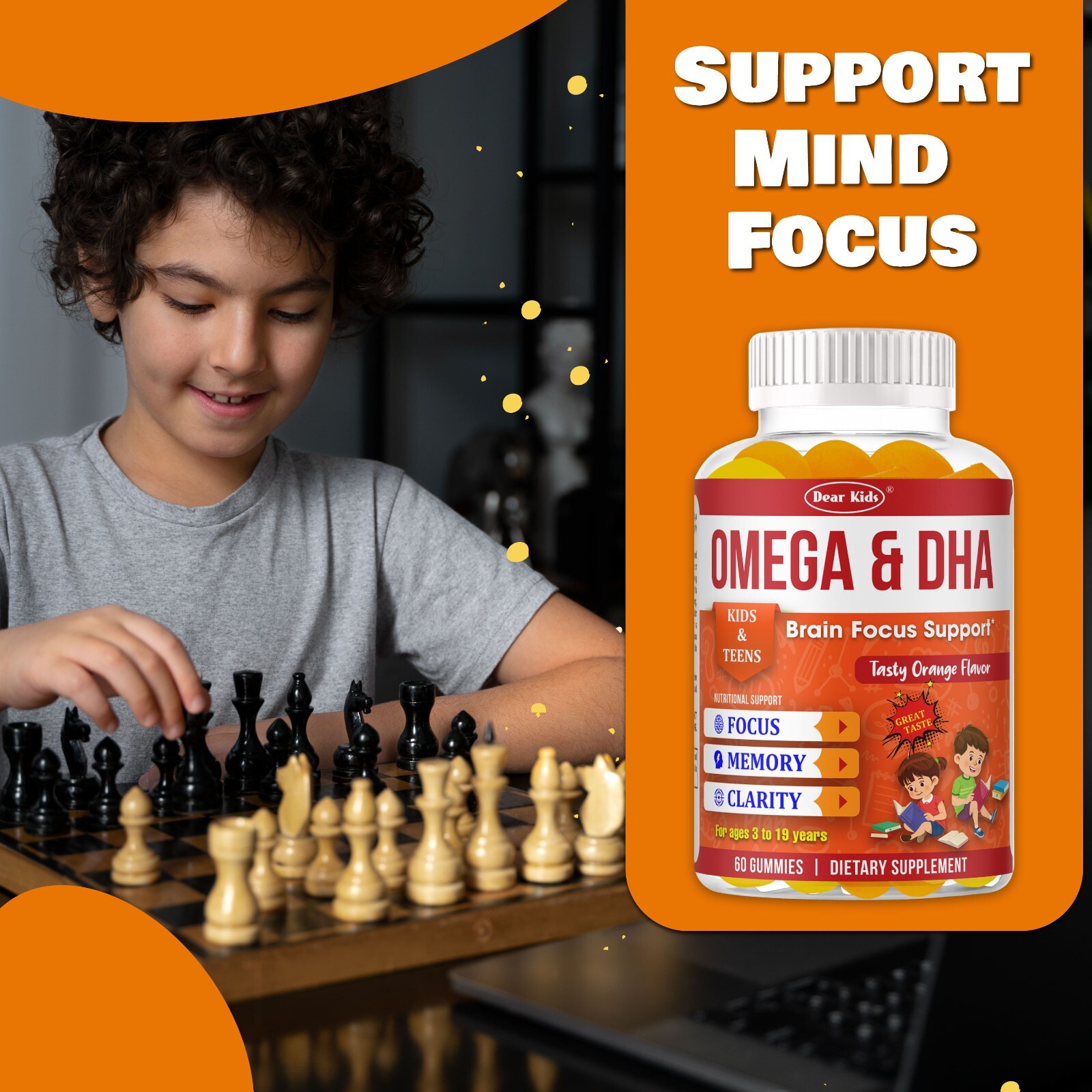 Brain Booster Focus Gummies for Kids & Teens, Omega 3 DHA Memory Supplement 60
