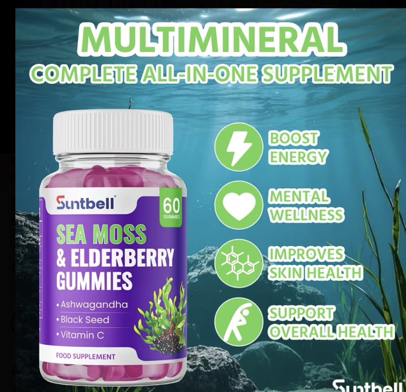 Suntbell Sea Moss & Elderberry Gummies w/ Vitamin C, Grape, 60 Ct