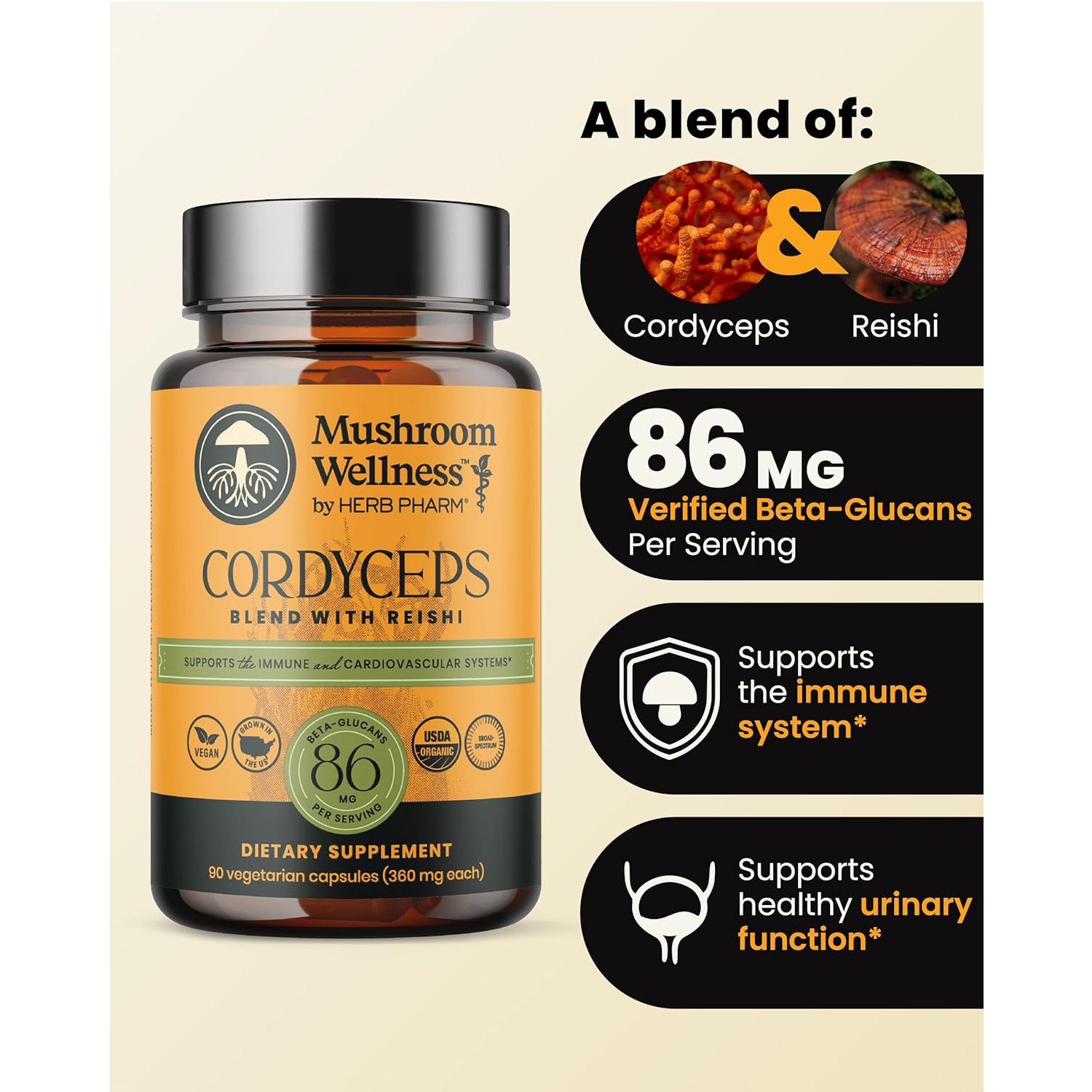Herb Pharm,Mushroom Wellness Organic Cordyceps Blend with Reishi,90Veg Caps