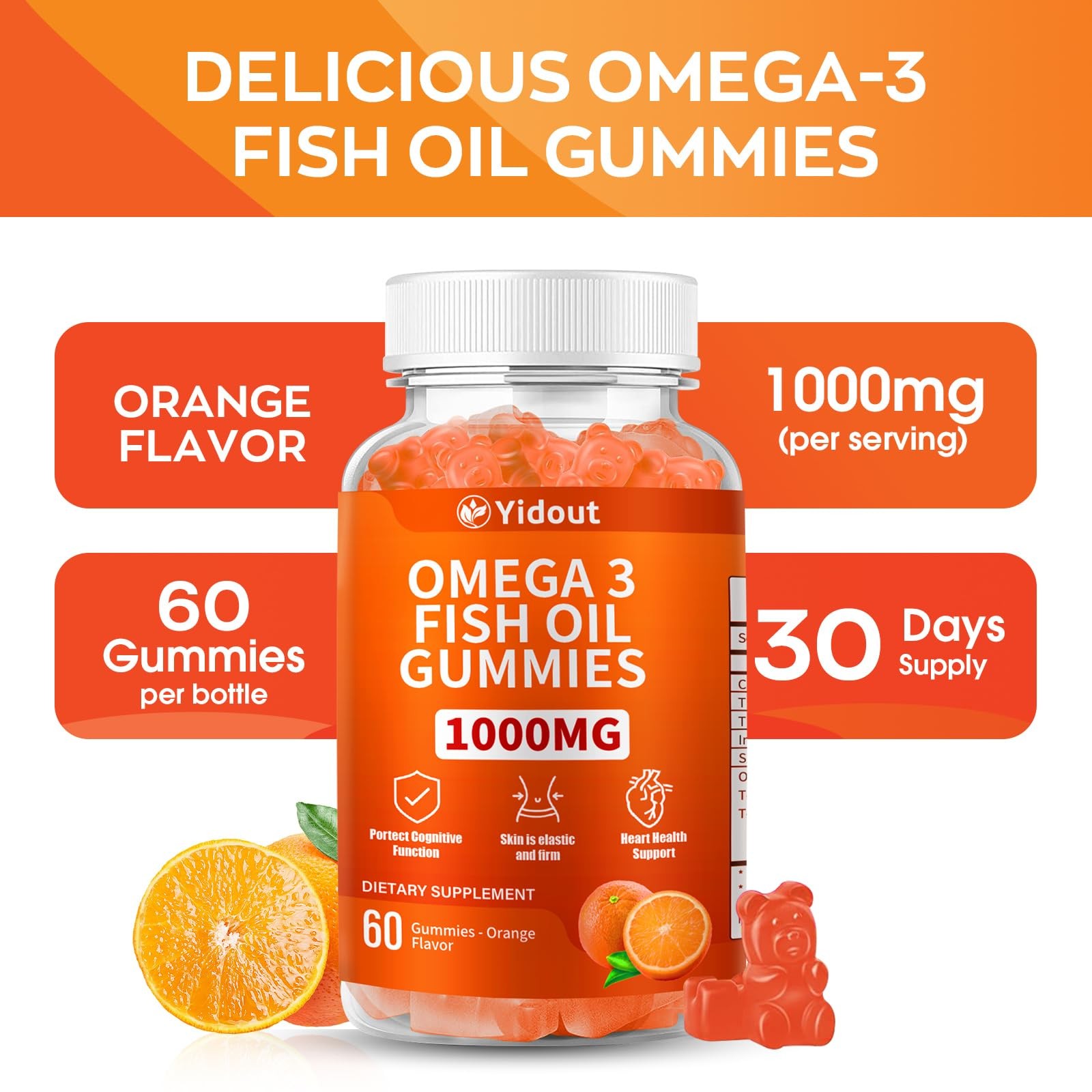Yidout Omega 3 Fish Oil Gummies Delicious Orange Flavor Fish Oil Gummy