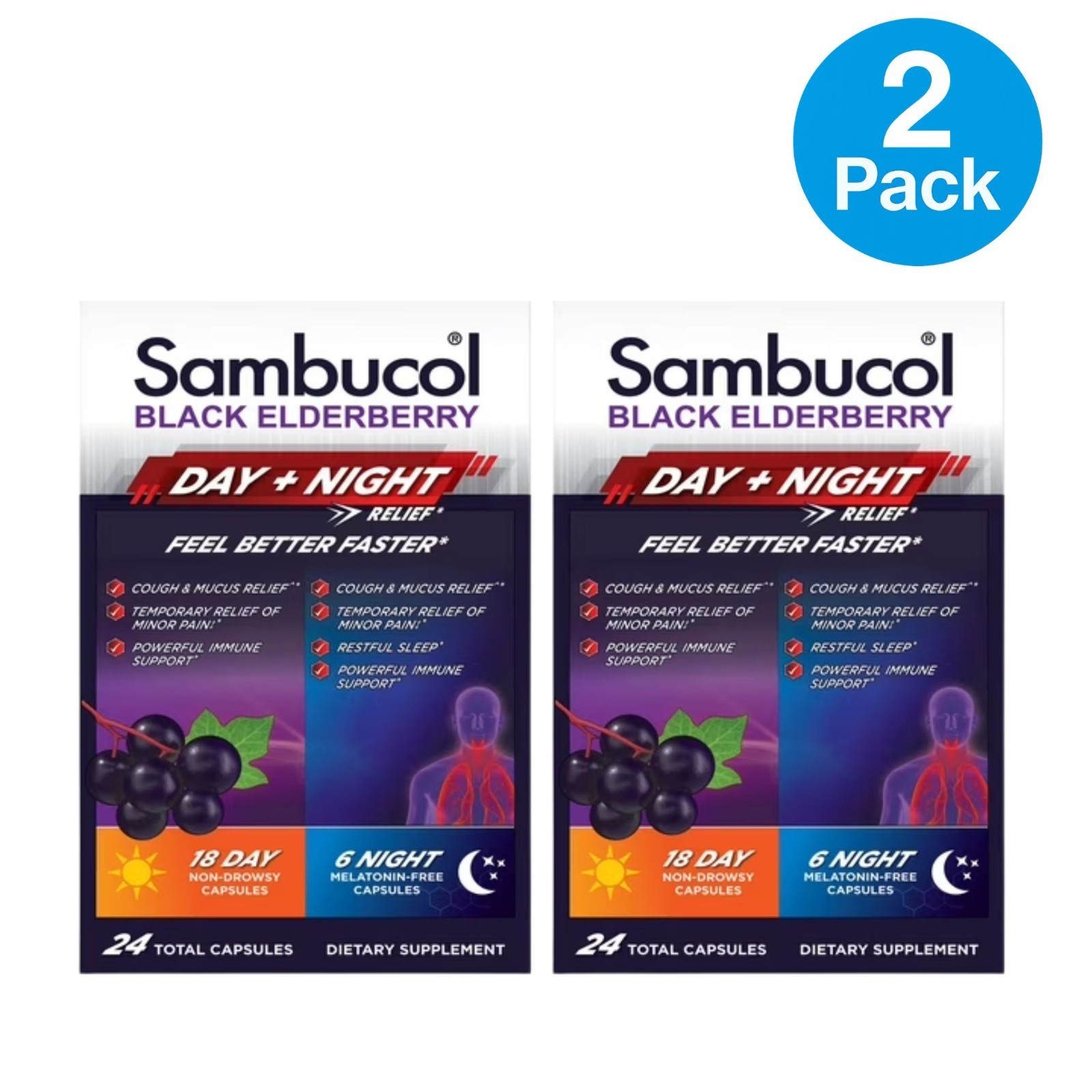 Sambucol Black Elderberry Day + Night Relief 24 Ct 2 Pack New EXP 04/27