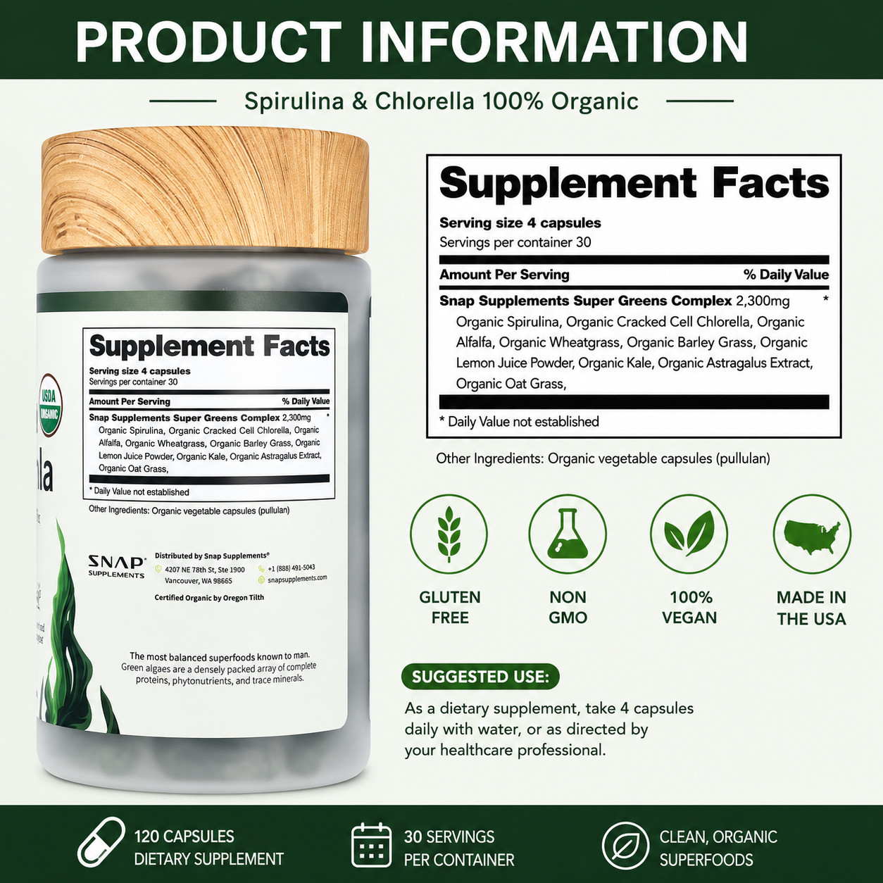 Organic Spirulina Chlorella Capsules Green Superfood Blend 120ct 2 Bottles