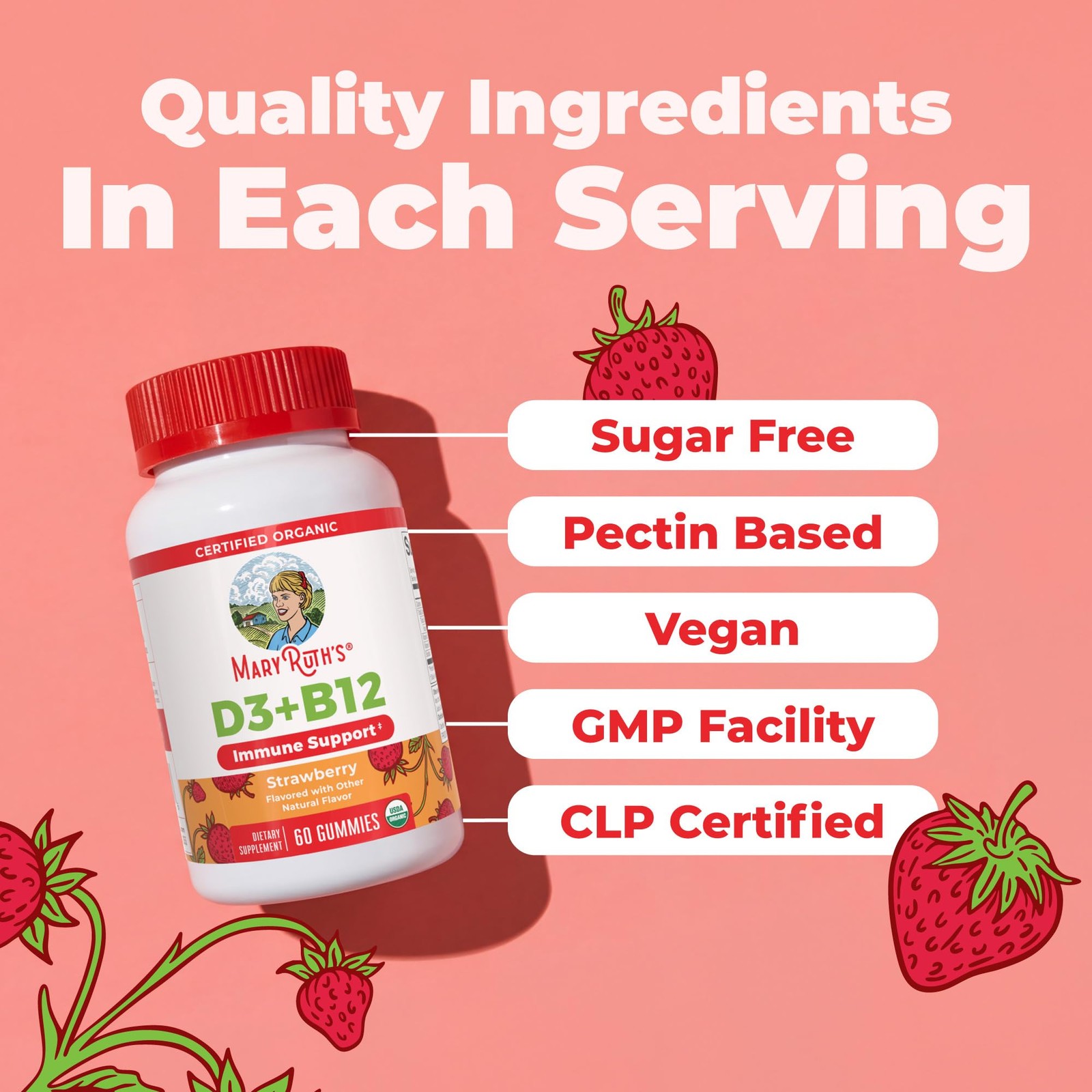MARYRUTH’S Organic Vitamin D3 + B12 Gummies for Ages 4+ 60 Count (Pack of 1)
