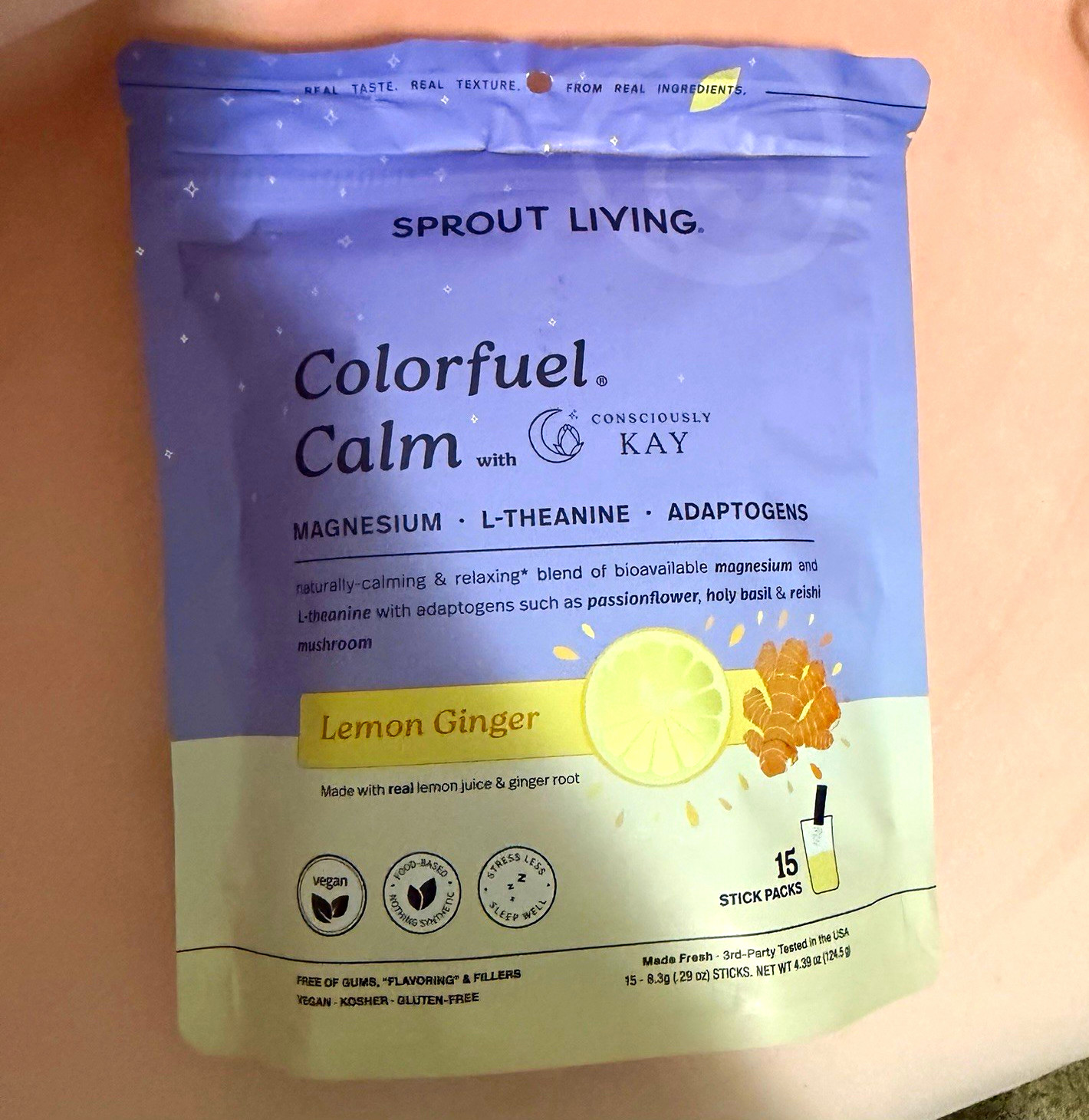 Sprout Living Colorfuel Calm Magnesium + L-Theanine Lemon Ginger 15 Packs