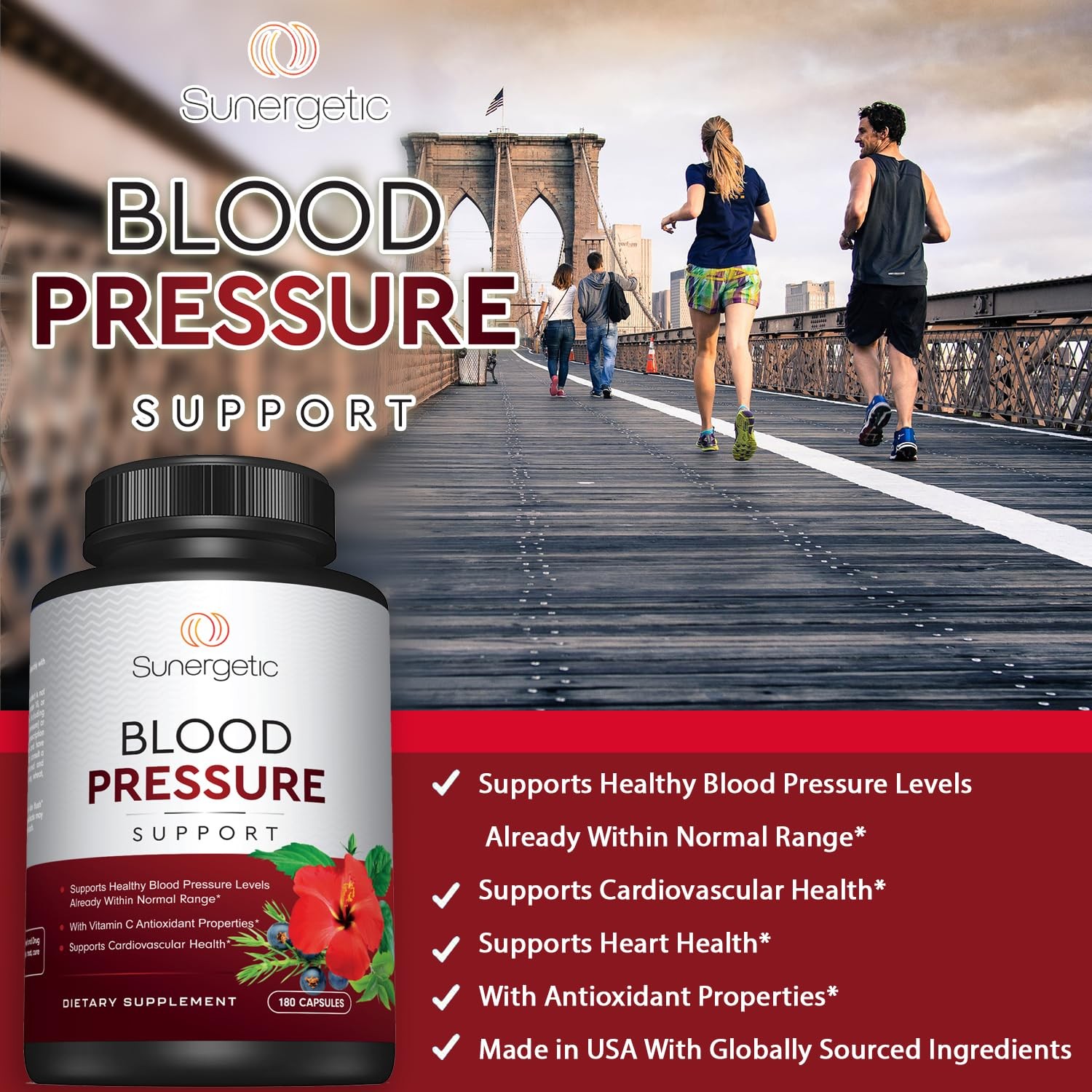 Sunergetic Premium Blood Pressure Support Supplement 180 Count (Pack of 1)