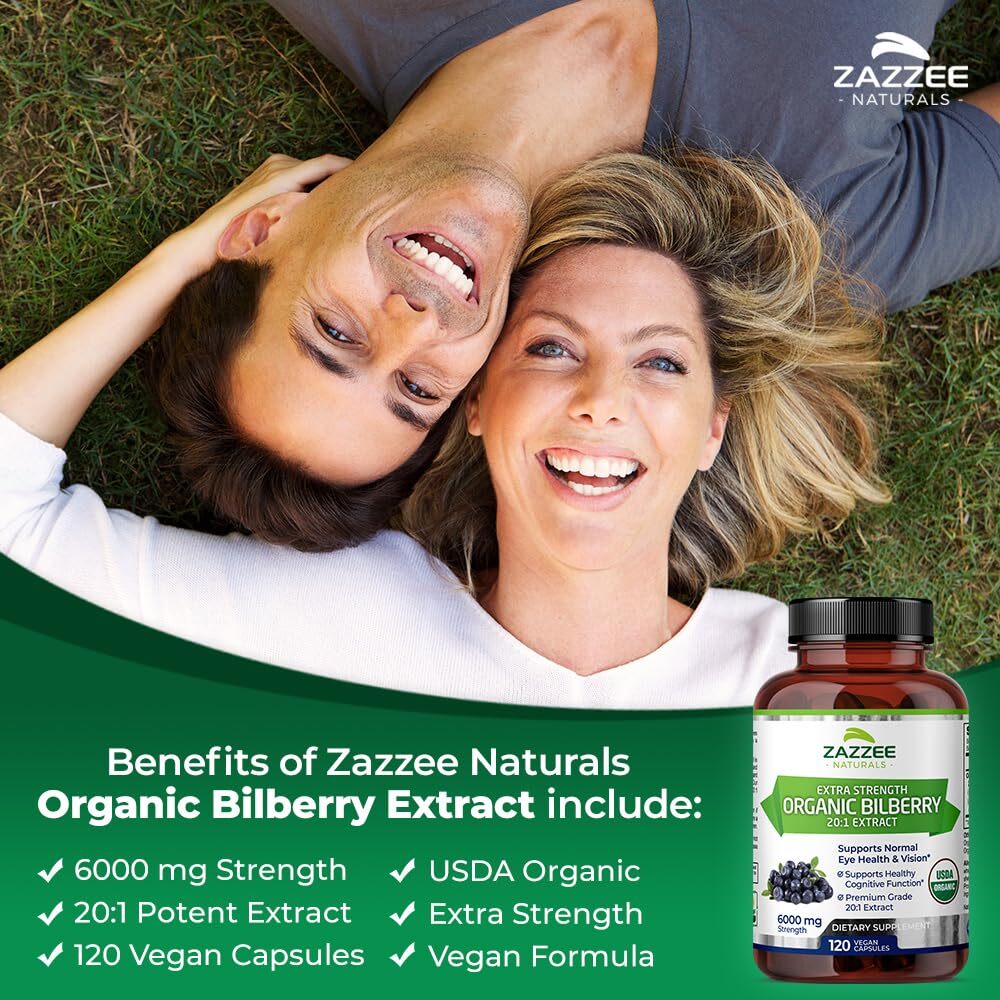 Zazzee USDA Organic Bilberry 201 Extract 6000 mg Strength 120 Vegan Capsules …