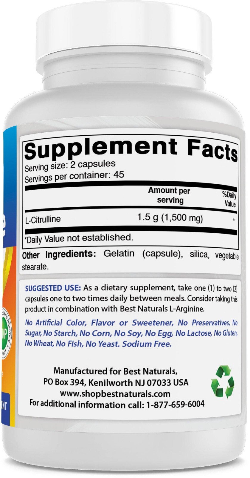 2 Pack Best Naturals L-Citrulline 1500mg/Serving 90 Capsules