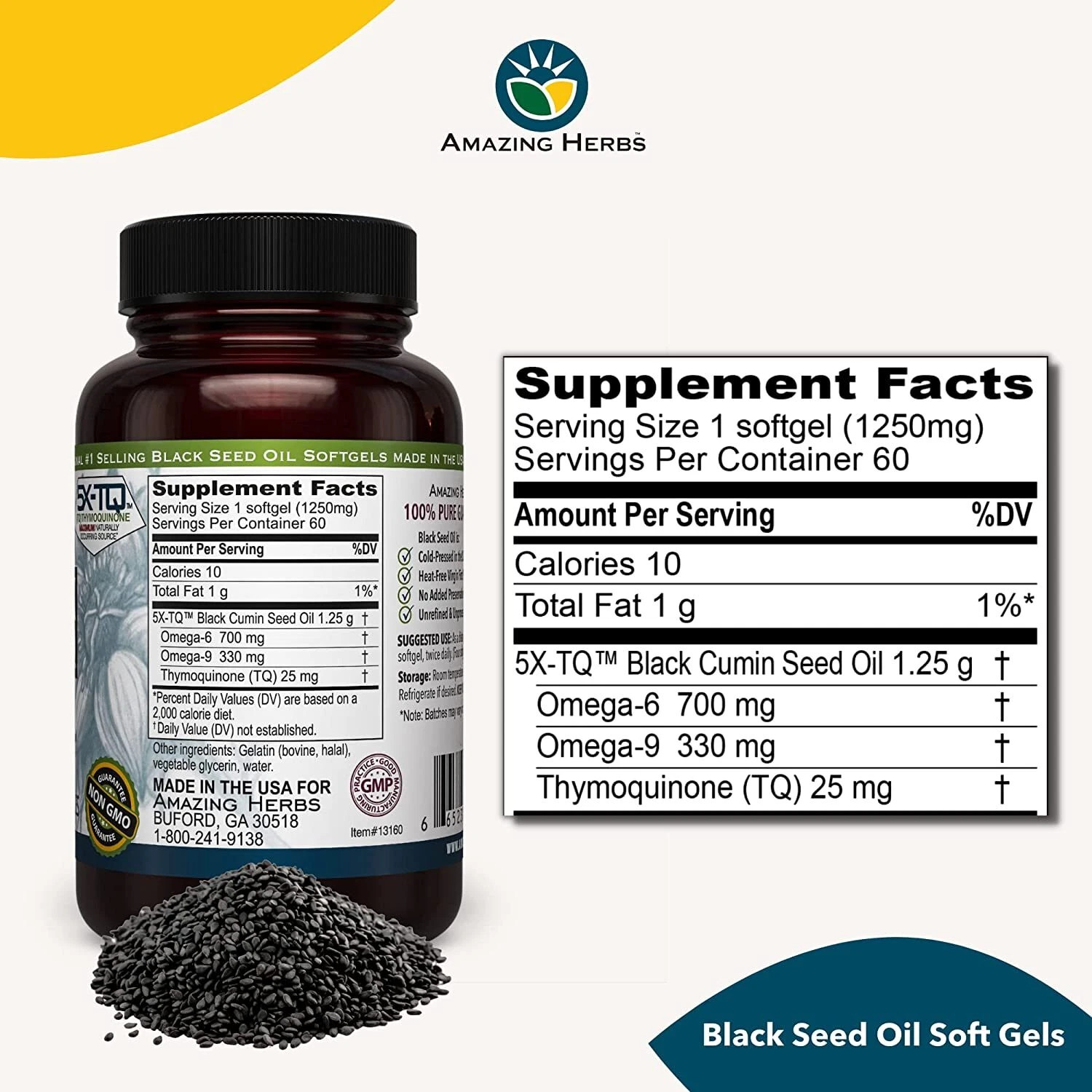 Amazing Herbs Premium Black Seed Oil Softgels Capsule 1250 mg 60 ct 3 Pack