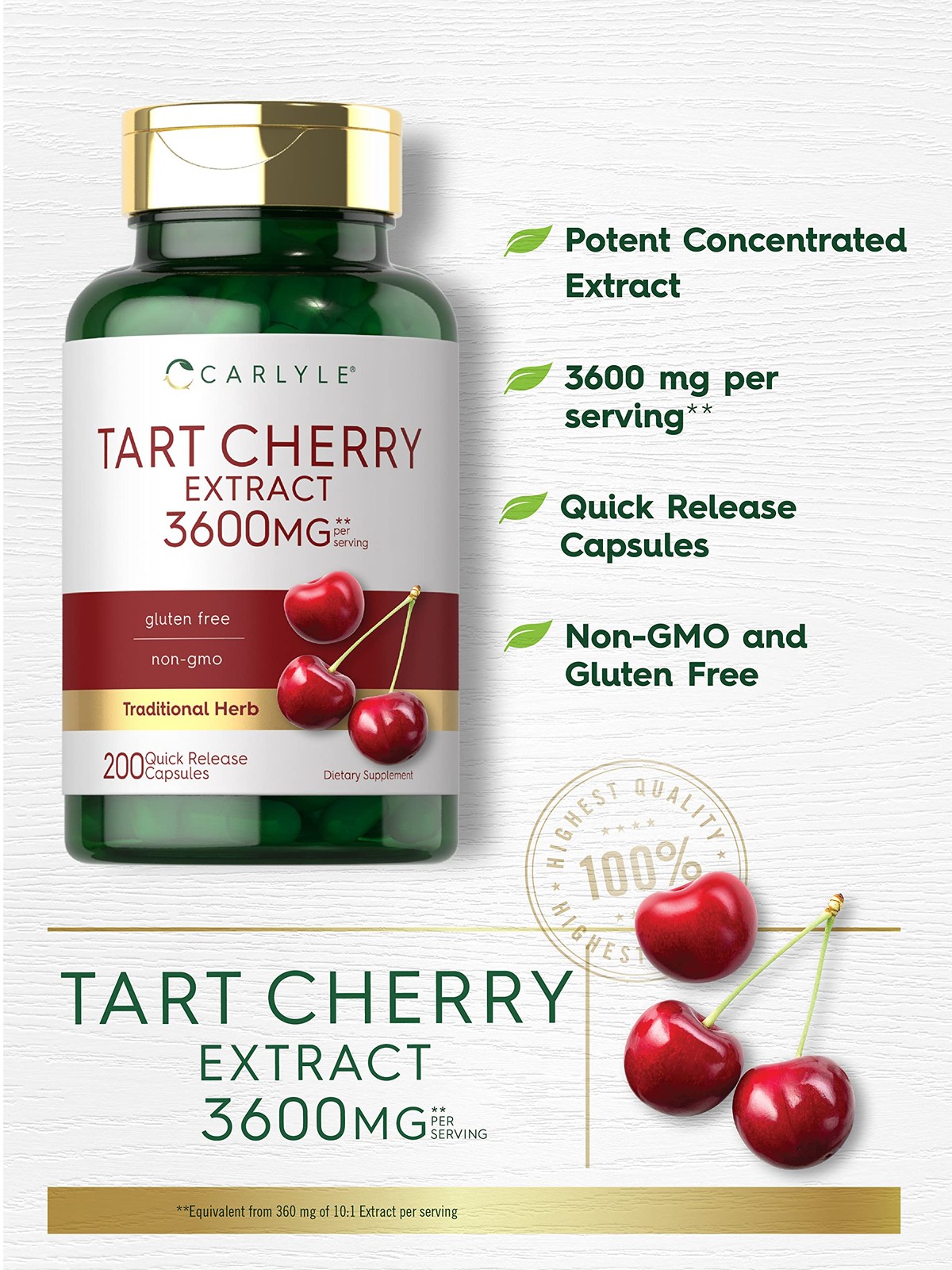 Carlyle Tart Cherry Extract Capsules | 200 Count | 200 (Pack of 1)