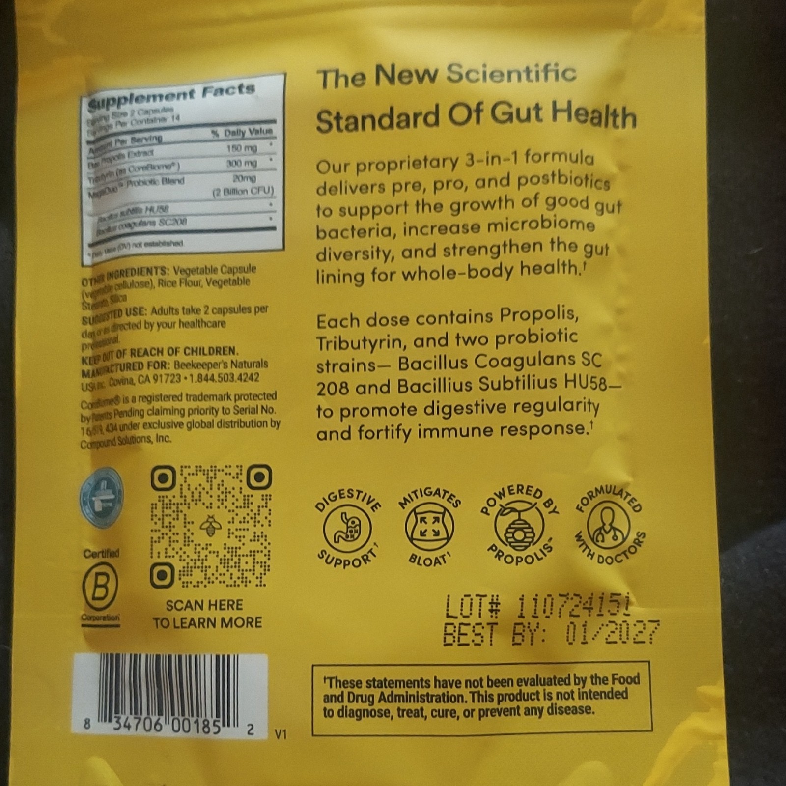 Beekeeper’s Naturals Propolis 28ct Tributyrin Bacillus Probiotic Capsule