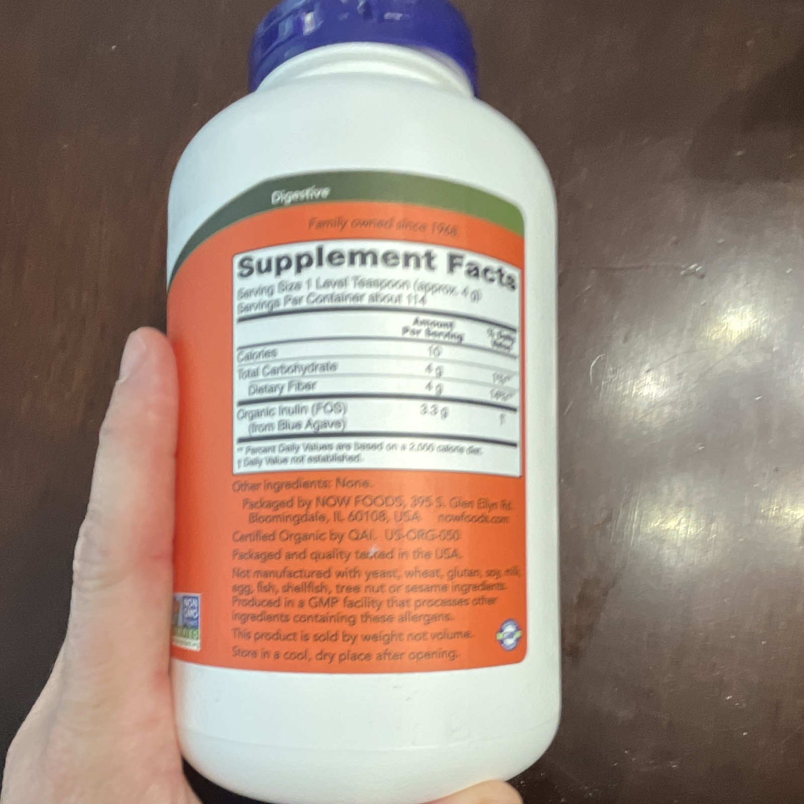 NOW Certified Organic Inulin Prebiotic Powder Digestive Support Unflavored 1 lb