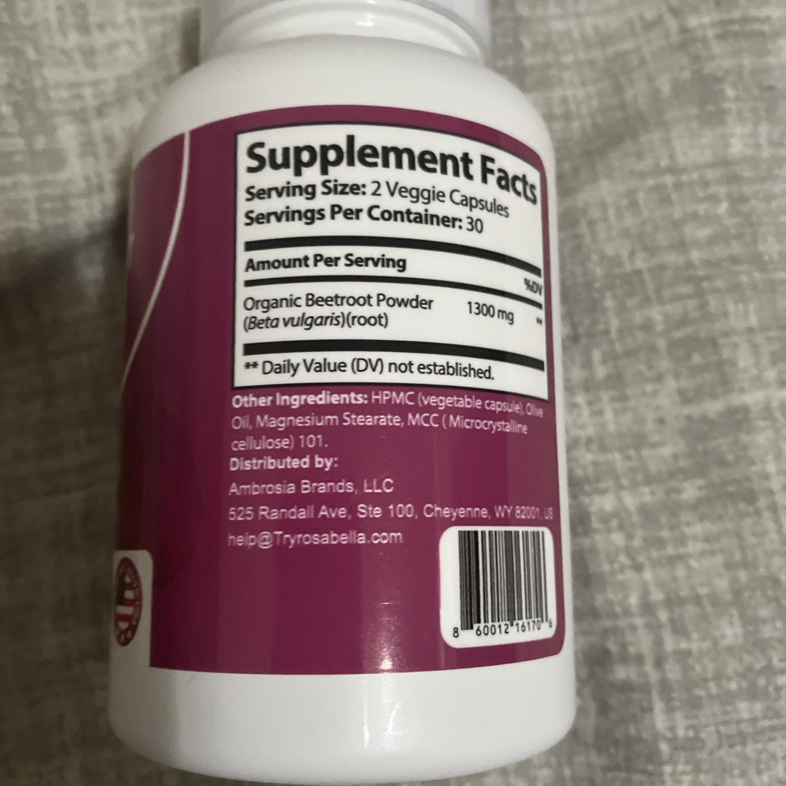 Rosabella Beetroot Dietary Supplement 1300mg 60 Capsules Exp 1/2028