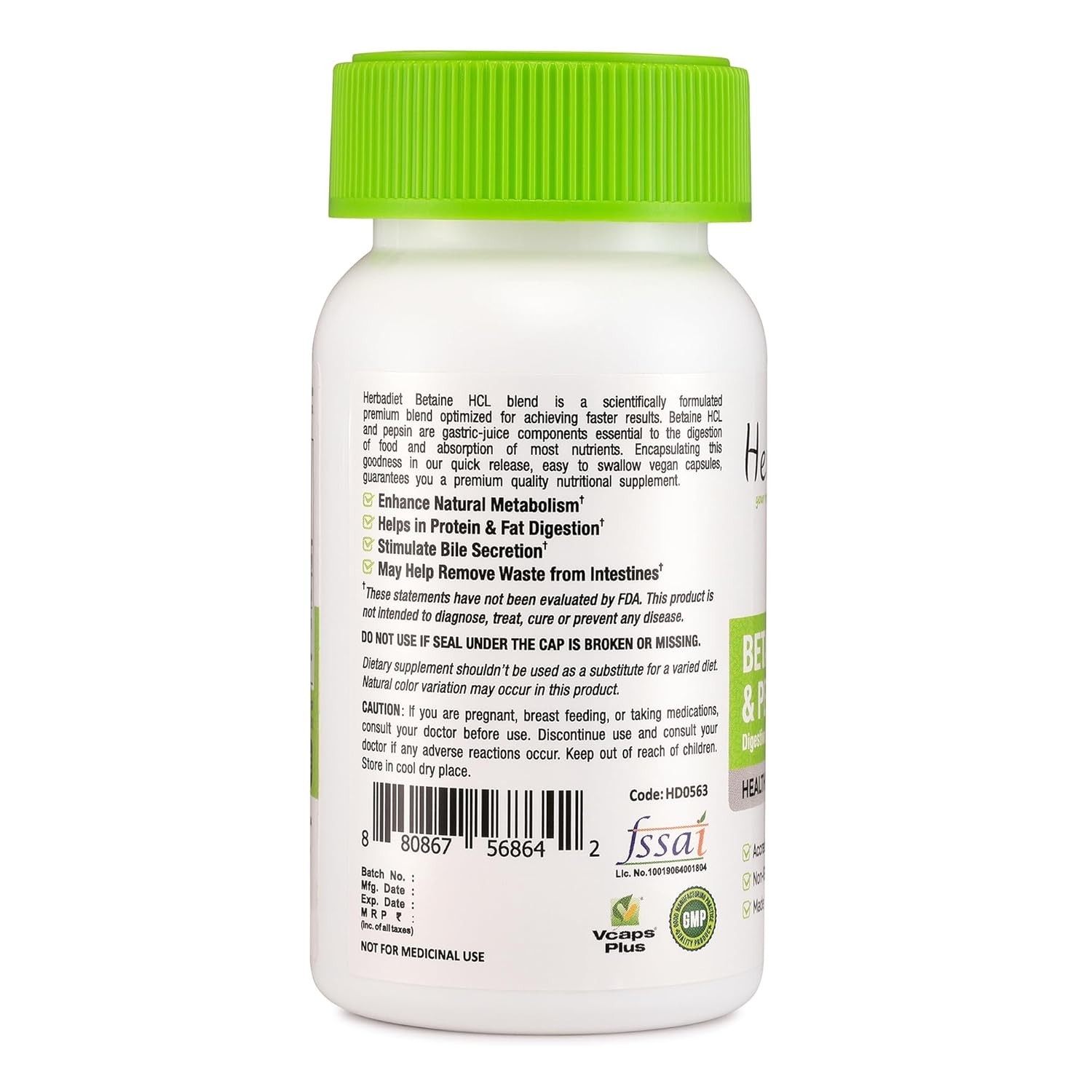 Herbadiet Betaine HCL Pepsin Digestive Aid Gut Health 60 Veg Capsules- FREE SHIP