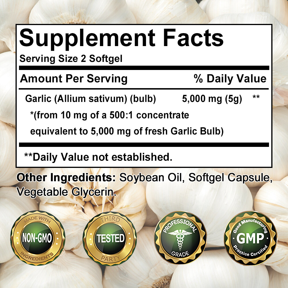Natural Garlic Oil 30 To 120 Capsules Heart Health Support 5000mg