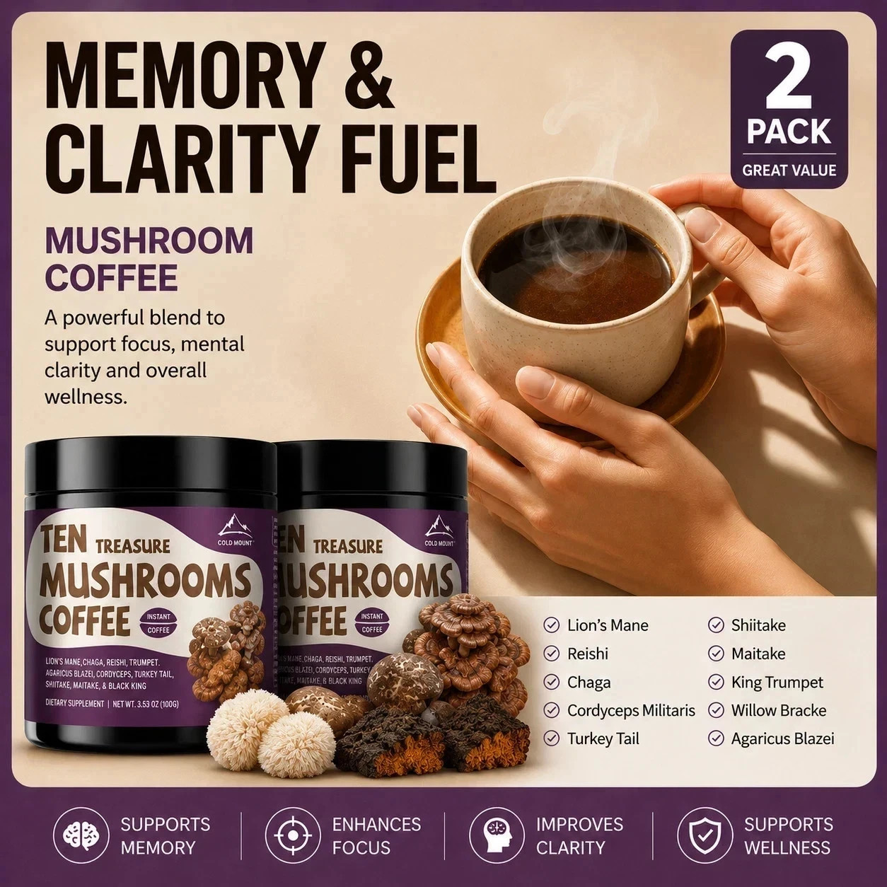 2 Pack Organic Mushroom Coffee 396g Each | Authentic USA | Free Shipping