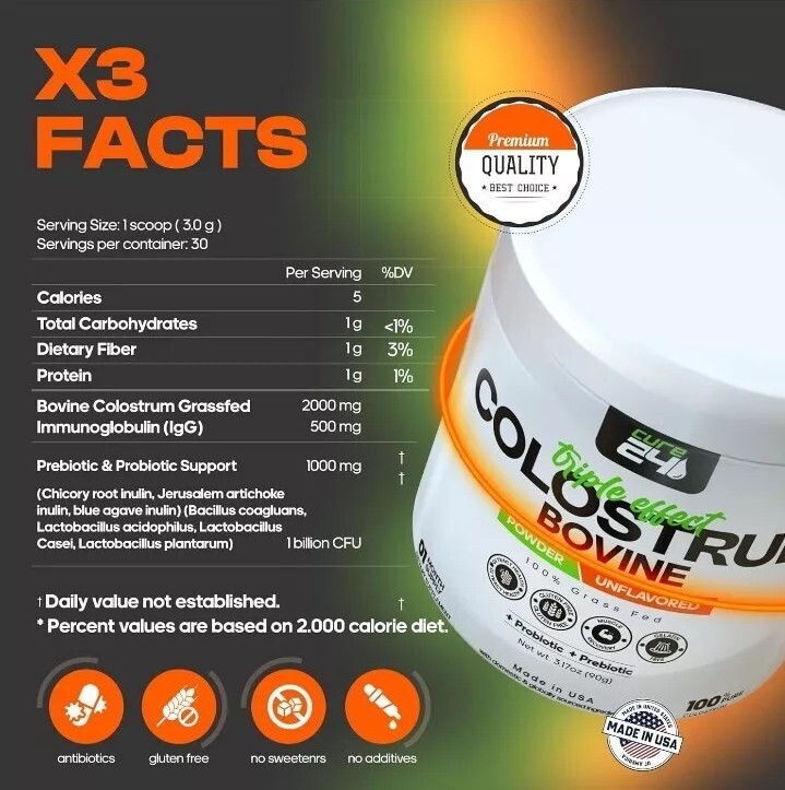 Cure 24 Bovine Colostrum X3 Supplement Powder Triple Effect Grass Fed High IgG