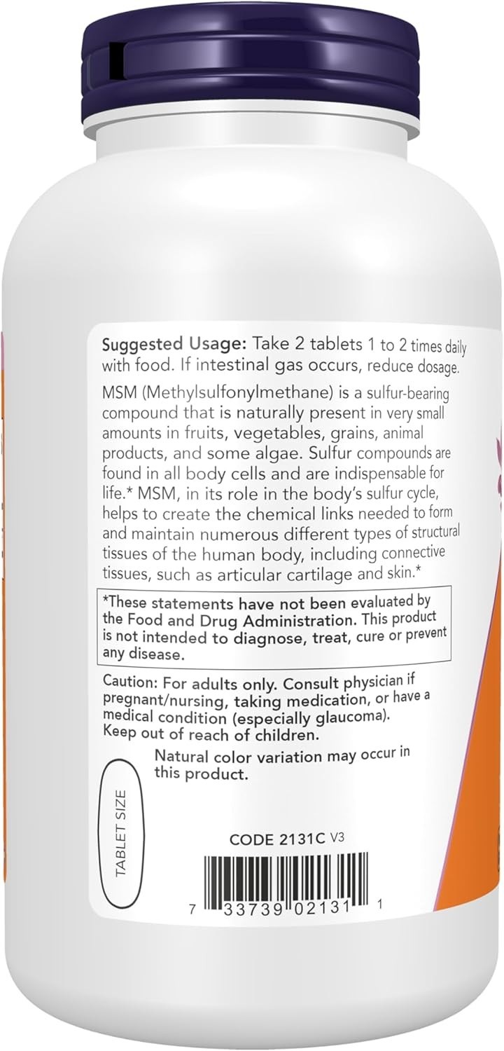 NOW Foods MSM 1500mg, Supports Healthy Cartilage & Joint Health 200ct BB 12/2030