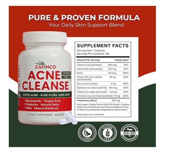 Acne Cleanse Capsules.Organic Vitex Angus Extract, Niacinamide, Biotin for Teens