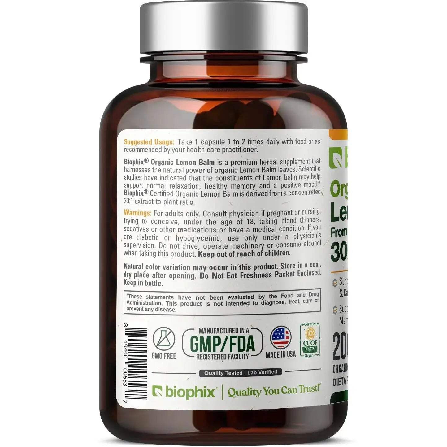 biophix Lemon Balm USDA Organic 20:1 Extract 300 mg 200 Veggie Caps