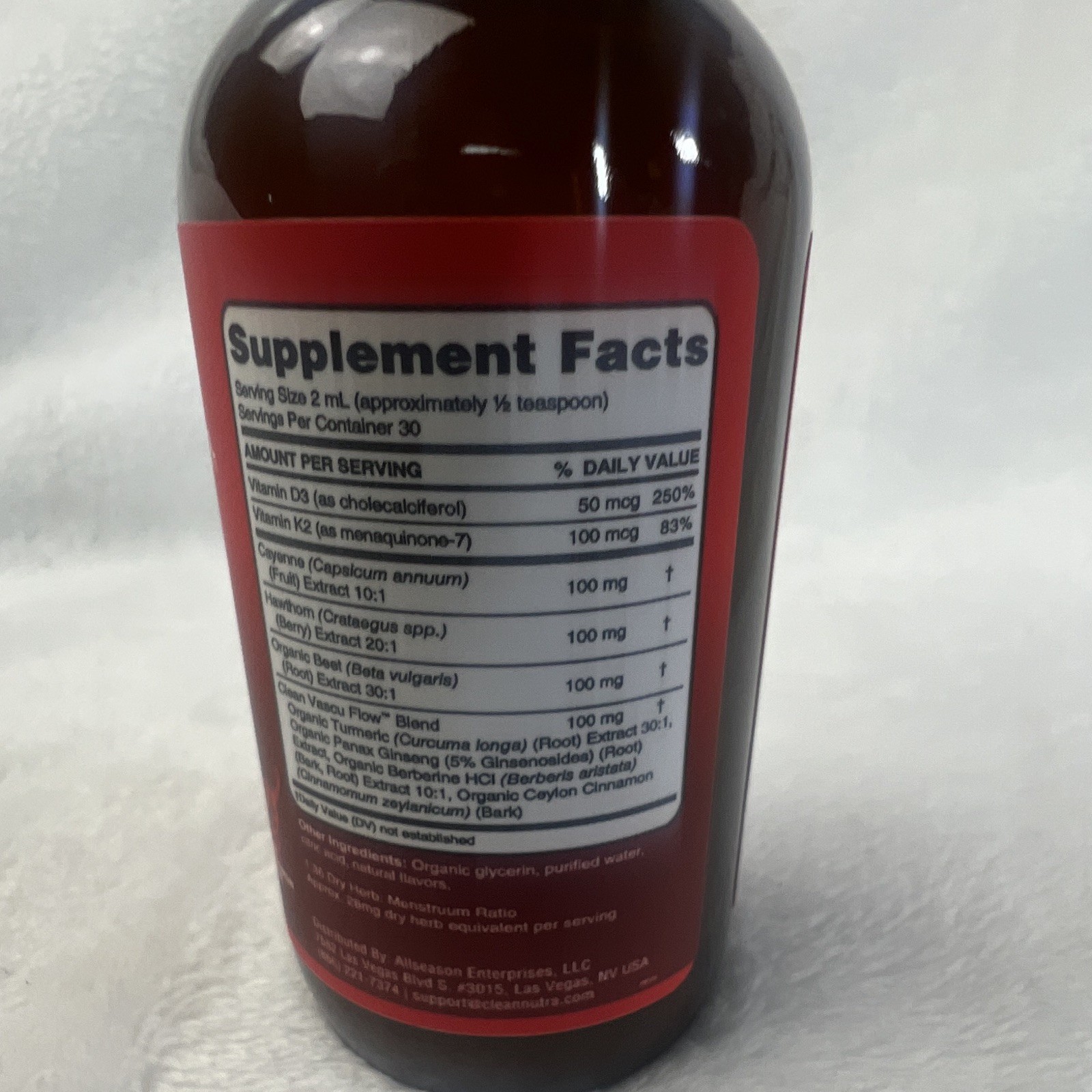 Clean Nutra Vascu Flow Liquid Drops Cayenne Hawthorn Beet Root D3 K2 2 fl oz