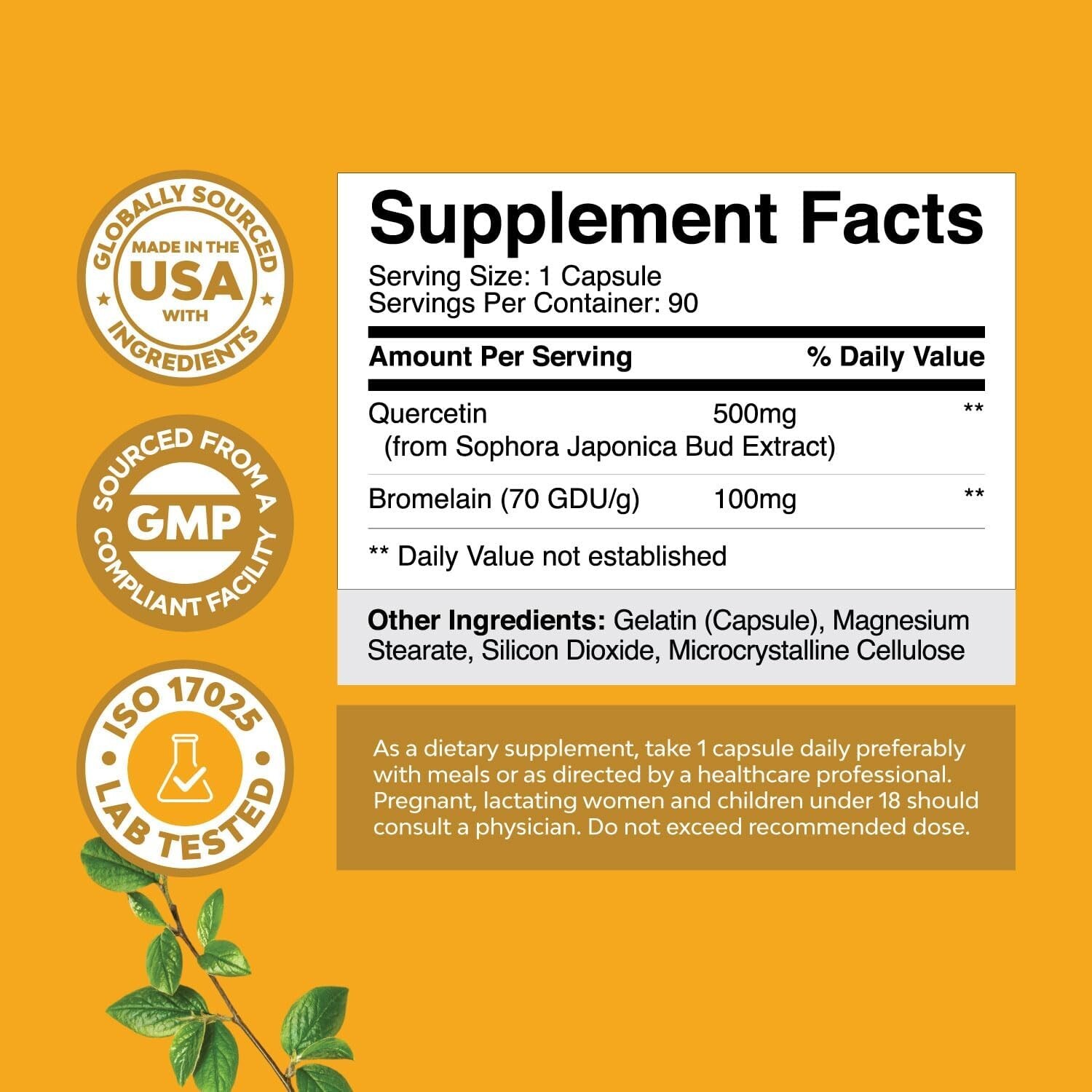 High Strength Quercetin 500mg 90 Capsules Plus 100mg Bromelain (3 Months Supply)