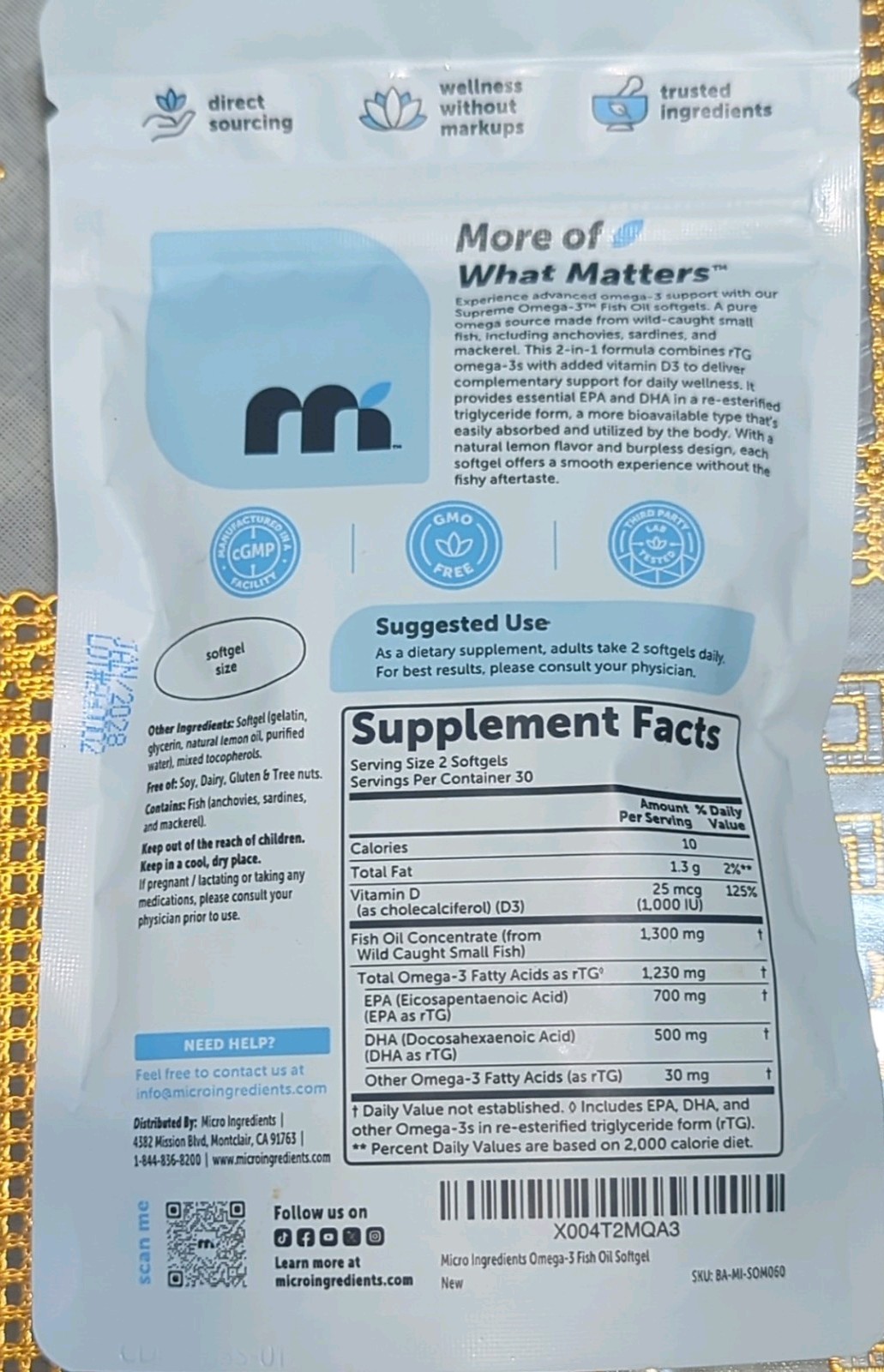 Micro Ingredients Omega-3 Fish Oil 1300mg Lemon 60 Softgels Exp 08/2028