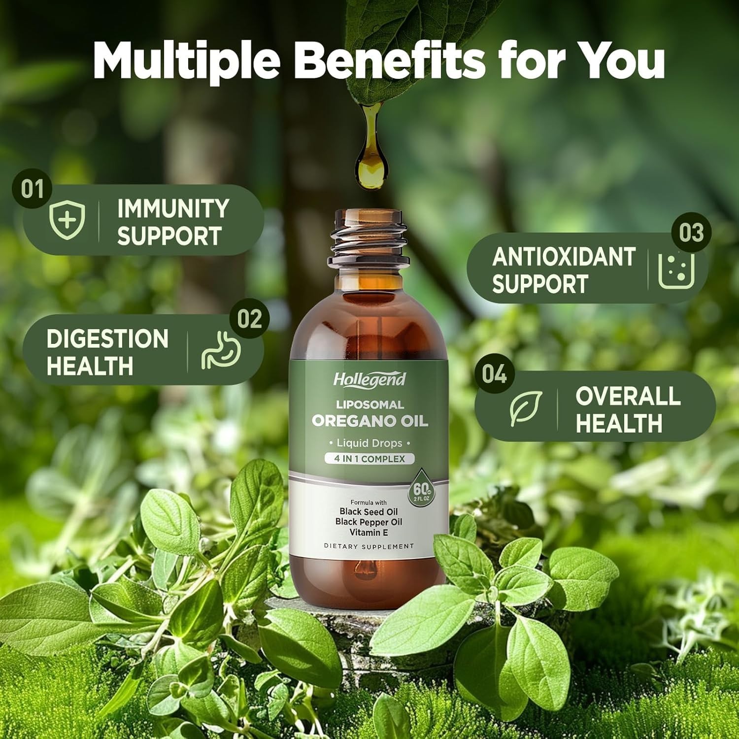HOLLEGEND Liposomal Oregano Oil Liquid Drops, Organic Oil of Oregano Carvacrol