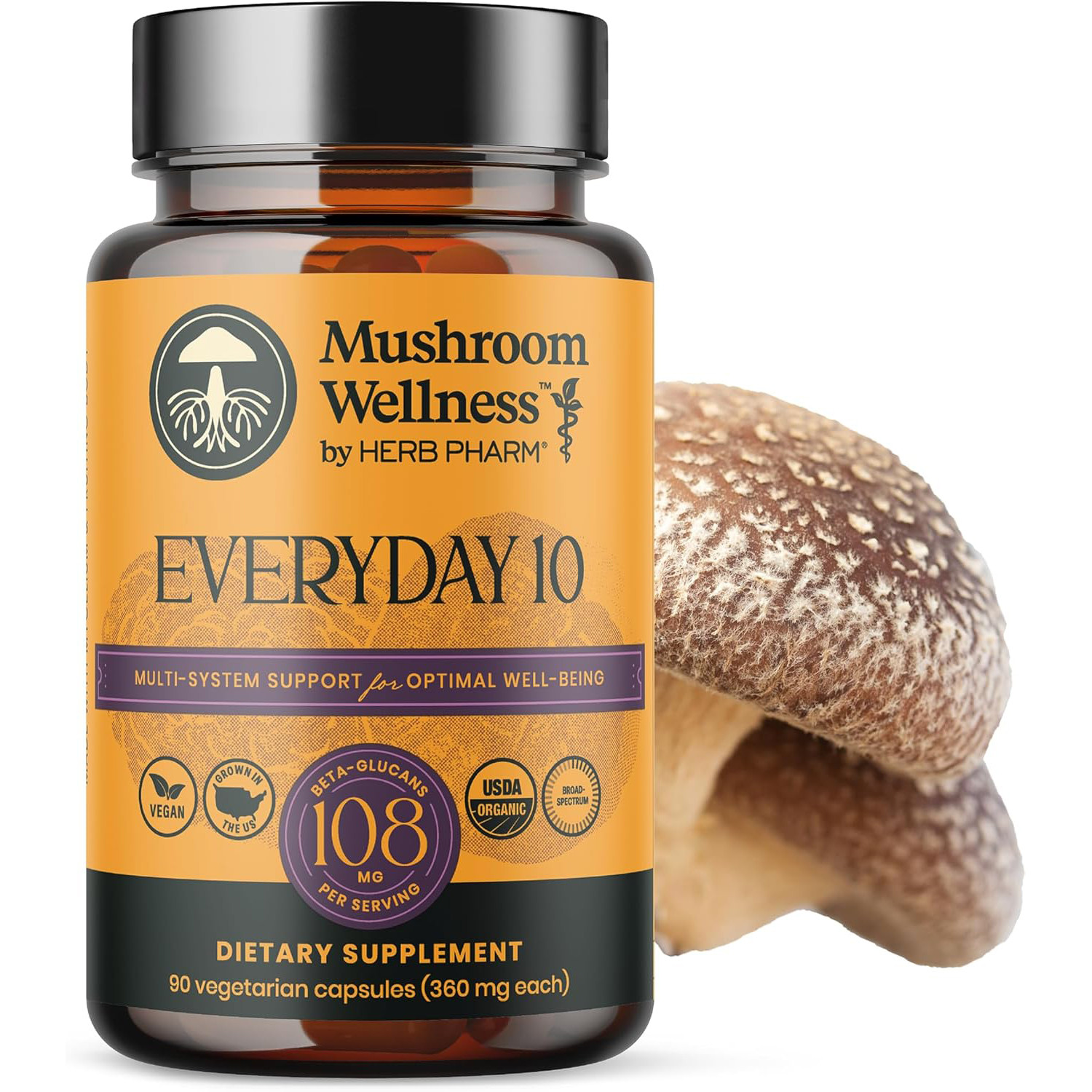 Herb Pharm,Mushroom Wellness Everyday 10,Organic Broad Spectrum,90Veg Caps