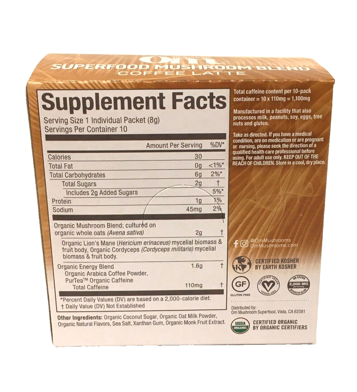 OM Superfood Mushroom Blend Coffee Latte Energy Focus Immune Health 10 Packets