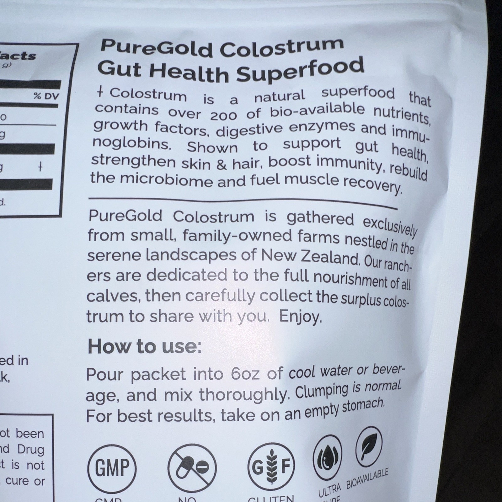 PureGold Colostrum Powder Grass-Fed Unflavored 30 Packets 60g Exp 10/2026