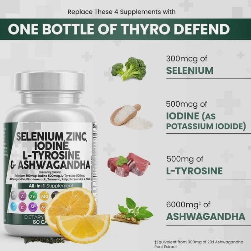 Ashwagandha 6000mg L Tyrosine 500mg Selenium 300mcg Iodine 500mcg Zinc 50mg