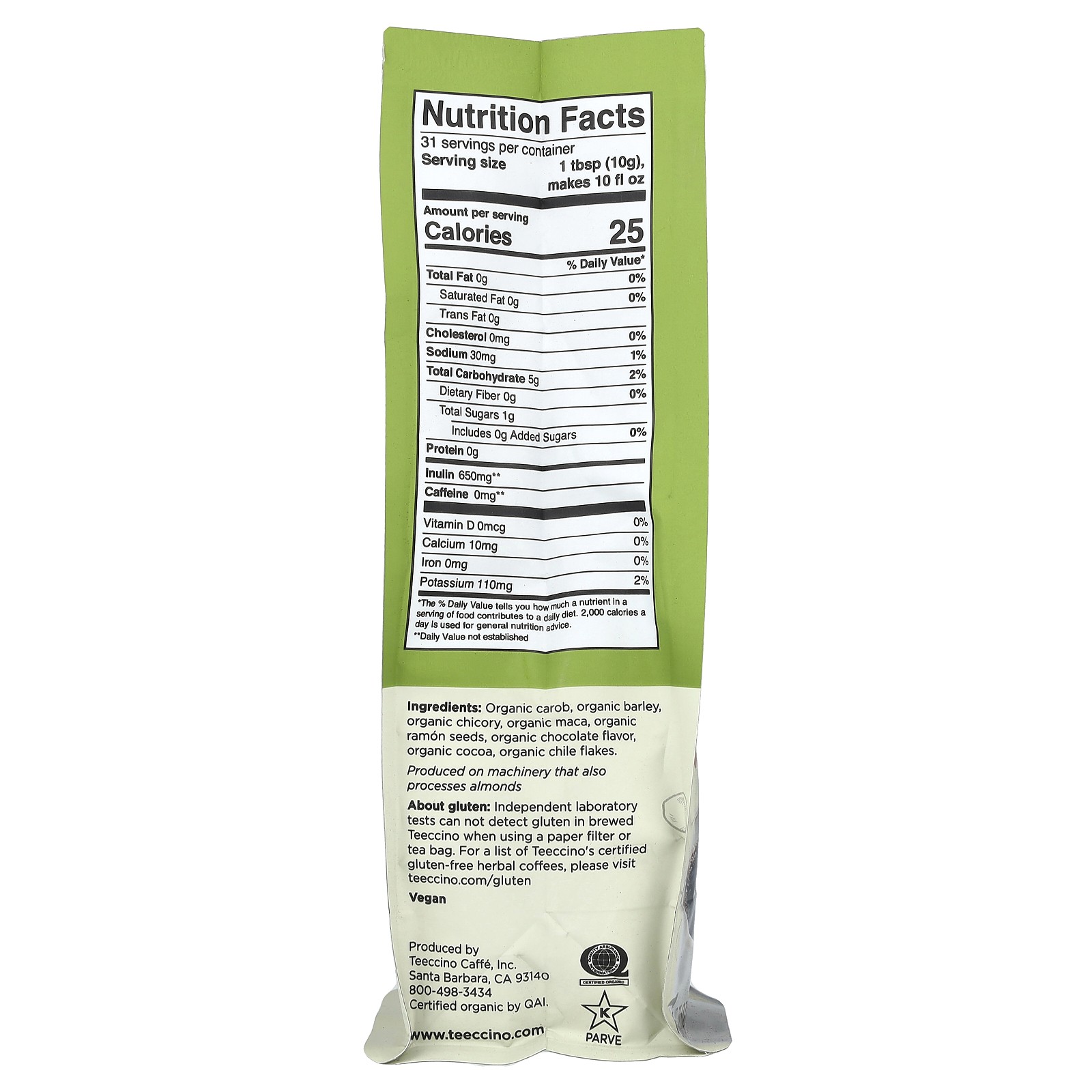 Teeccino Organic Herbal Coffee Alternative Dark Roast Caffeine Free