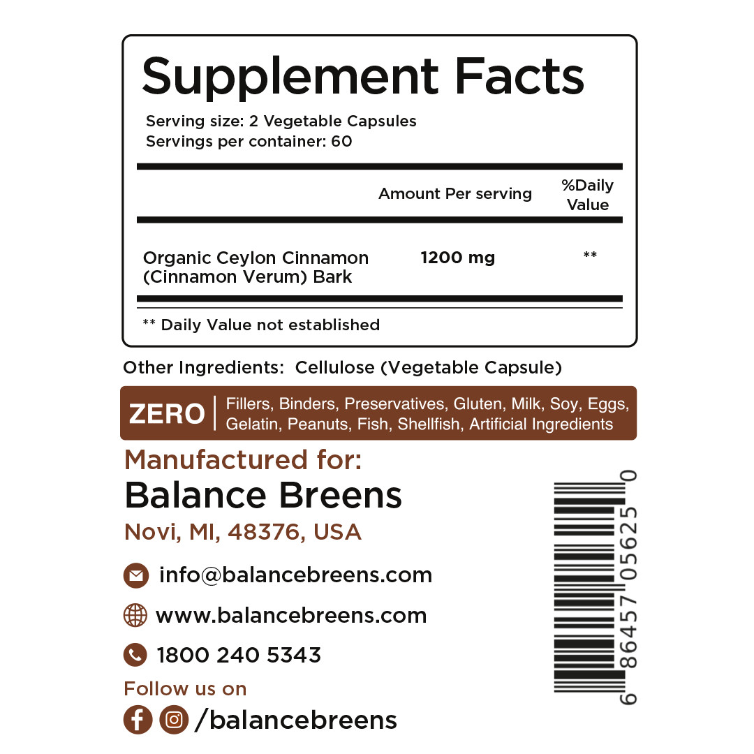 Balance Breens – Organic Ceylon Cinnamon 1200 mg per Serving – 120 Veg Capsules