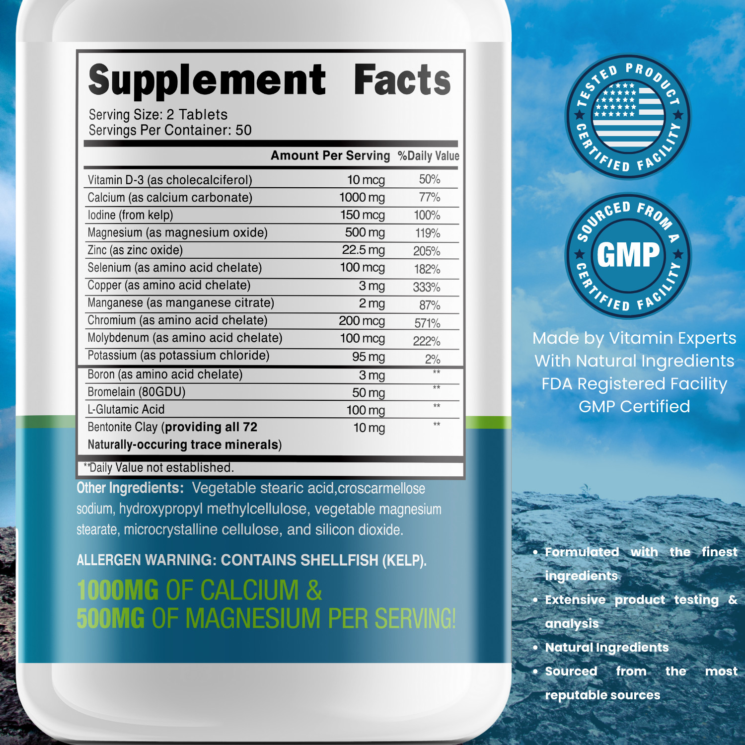 BEST MAGNESIUM 500 MG – 100 TABLETS – 70+ MINERALS, HIGH ABSORPTION MADE IN USA
