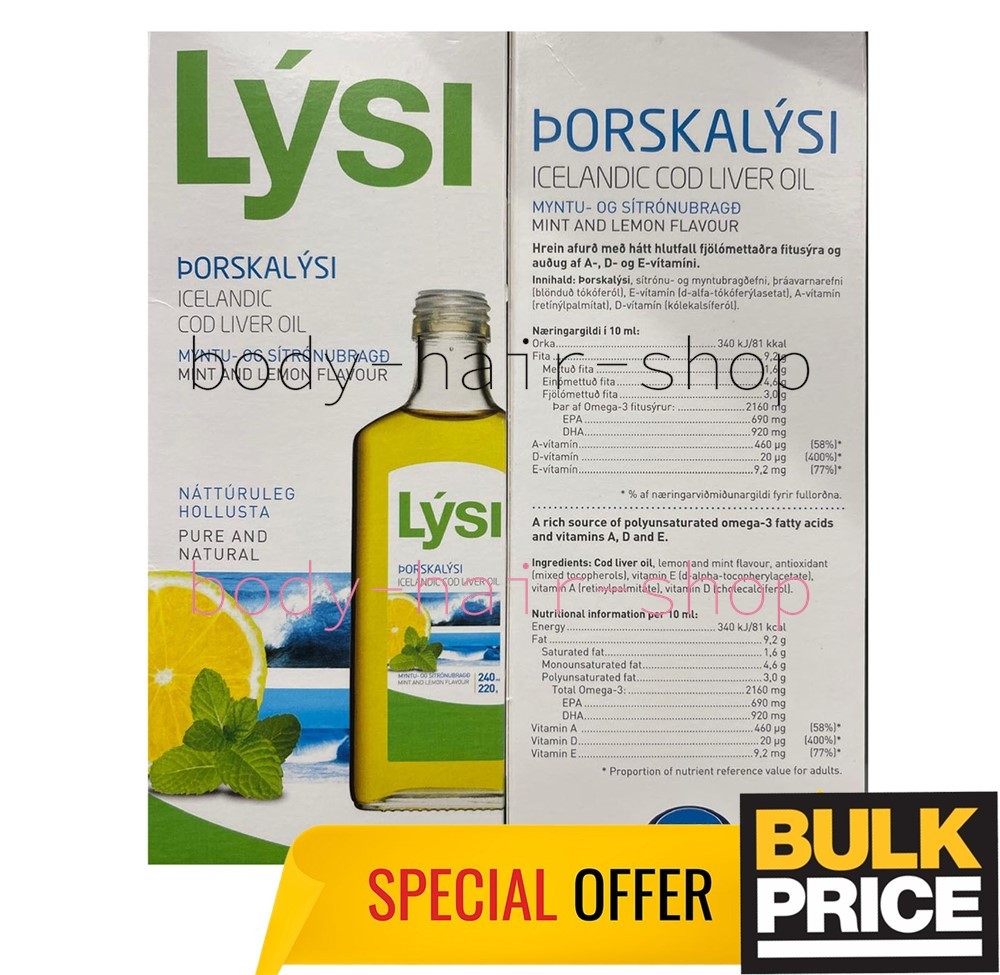 Lysi Icelandic Cod Liver Fish Oil Omega-3 EPA DHA Mint Lemon Pure Natural 240ml