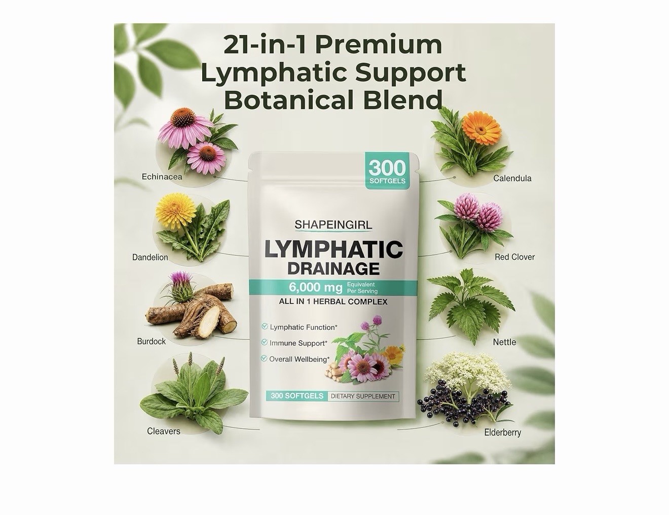 Shapeingirl Lymphatic Drainage 6000mg Herbal Complex 300 Softgels GMO-Free