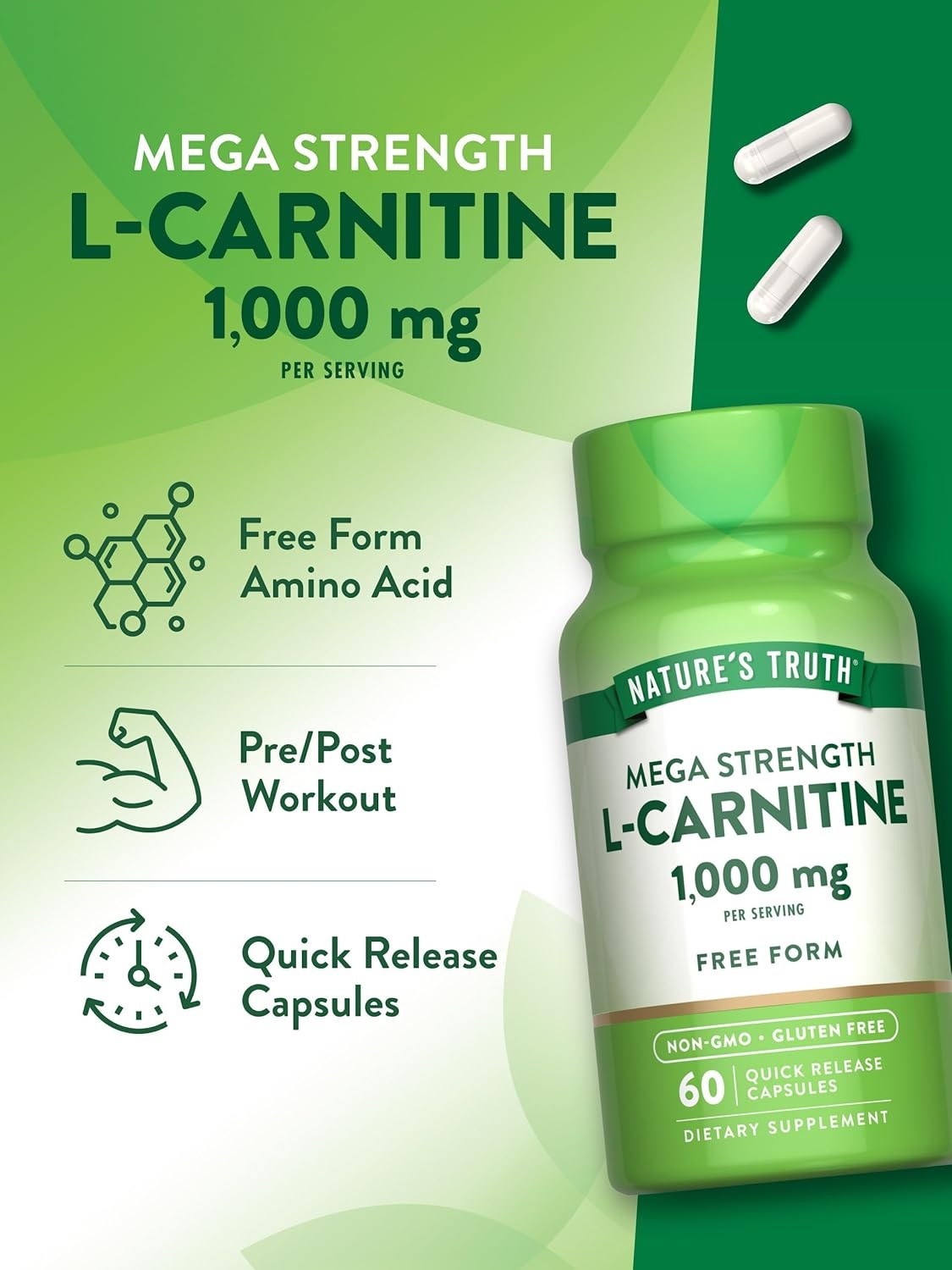 L Carnitine 1000 mg | 60 Capsules | Non-GMO, Gluten Free | by Nature’s Truth