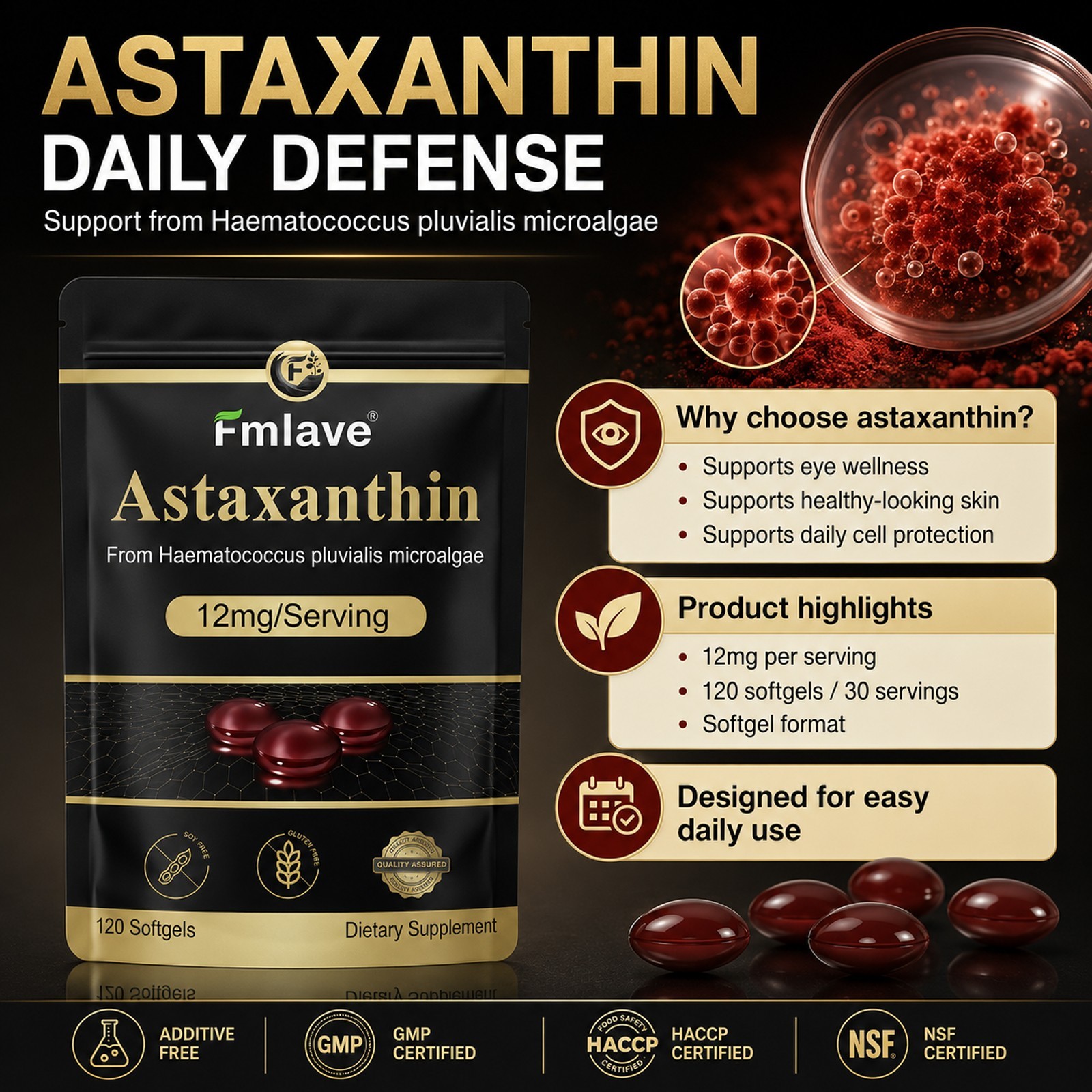 Astaxanthin 12mg 120gels Fresh Microalgae Source Antioxidant/Skin/Eye/Joint