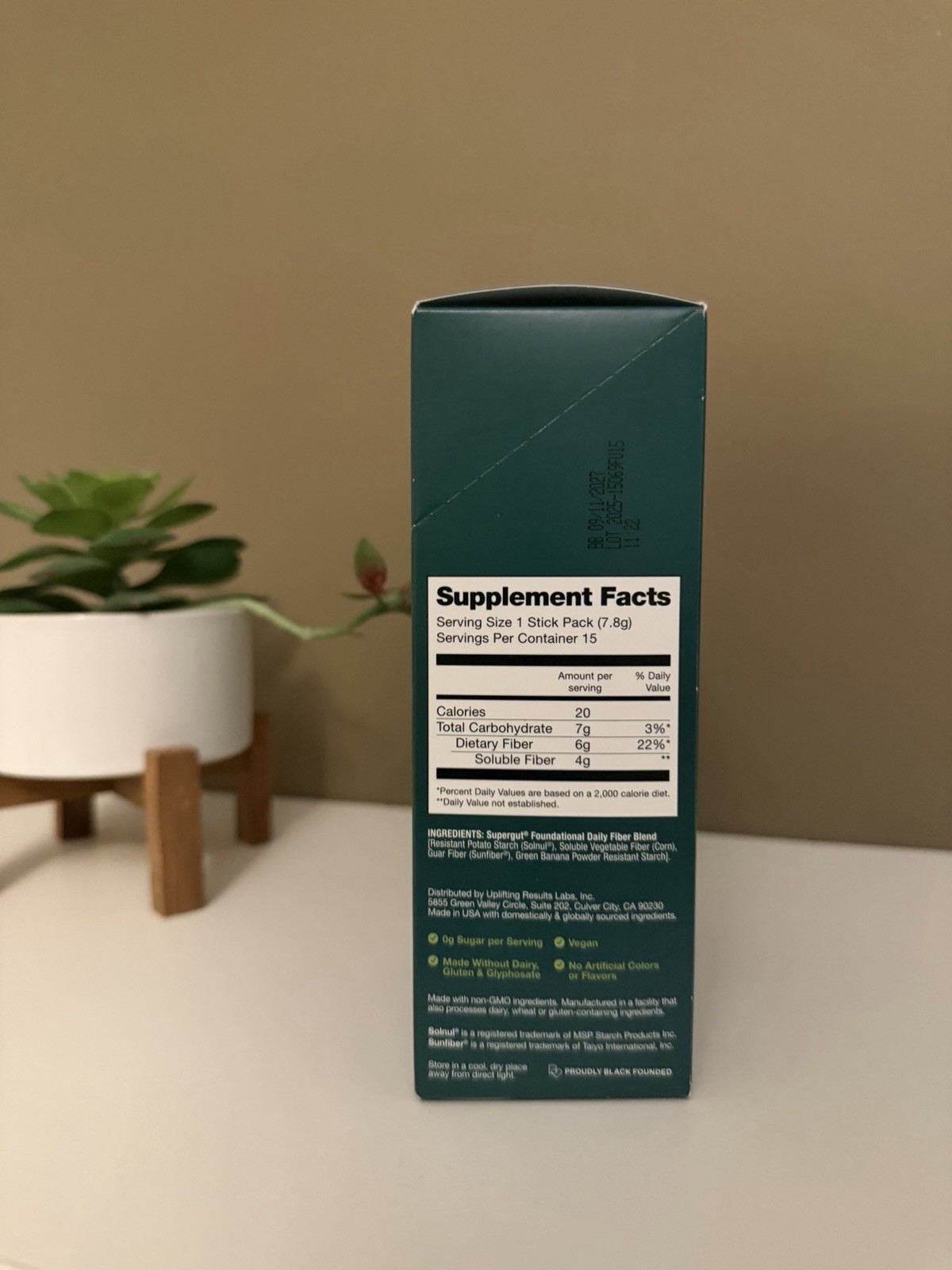 supergut Daily Fiber Digestive Support 15 Stick Packs w/ Sunfiber, Solnul
