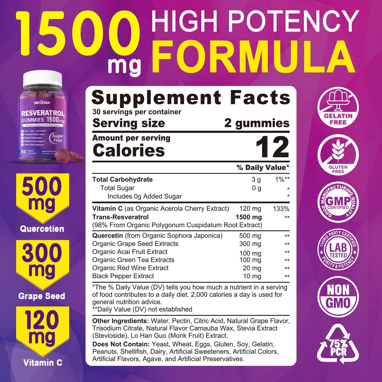 Resveratrol Supplement 1500mg – Gummies 60 Count (Pack of 2)