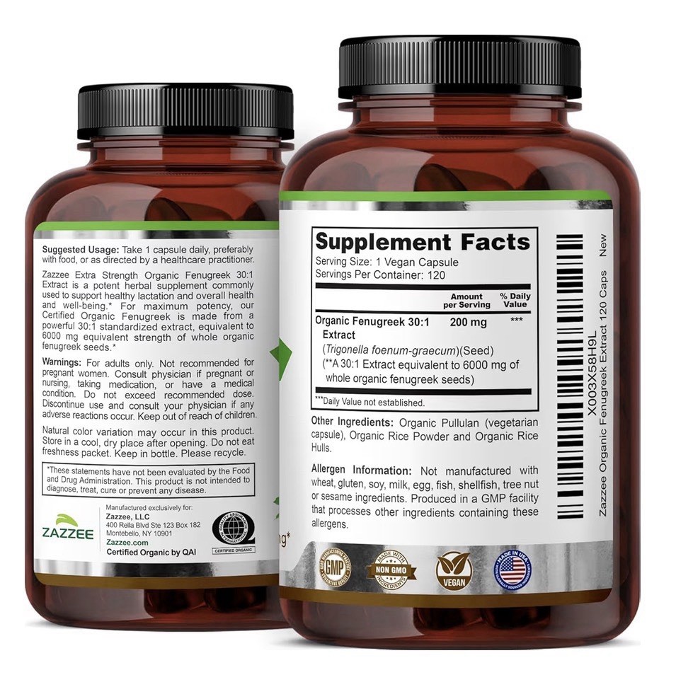 Zazzee Fenugreek Extra Strength Healthy Lactation Overall Health Wellbeing 120ca