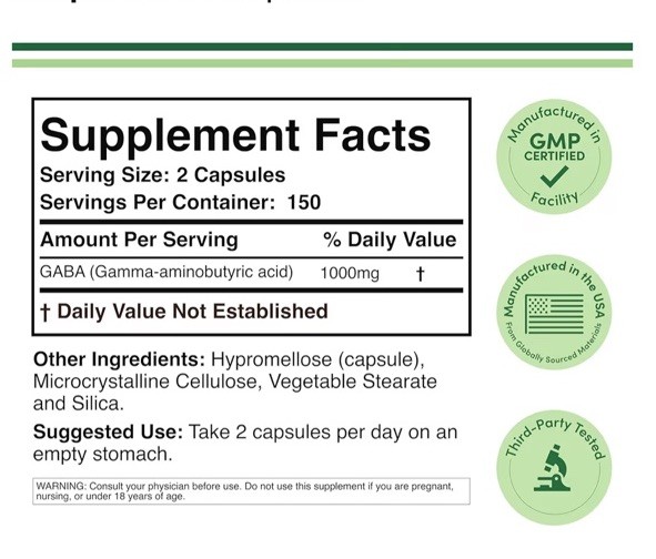 Double Wood Supplements GABA 1000mg 300 Capsules Non-GMO Gluten-Free GMP
