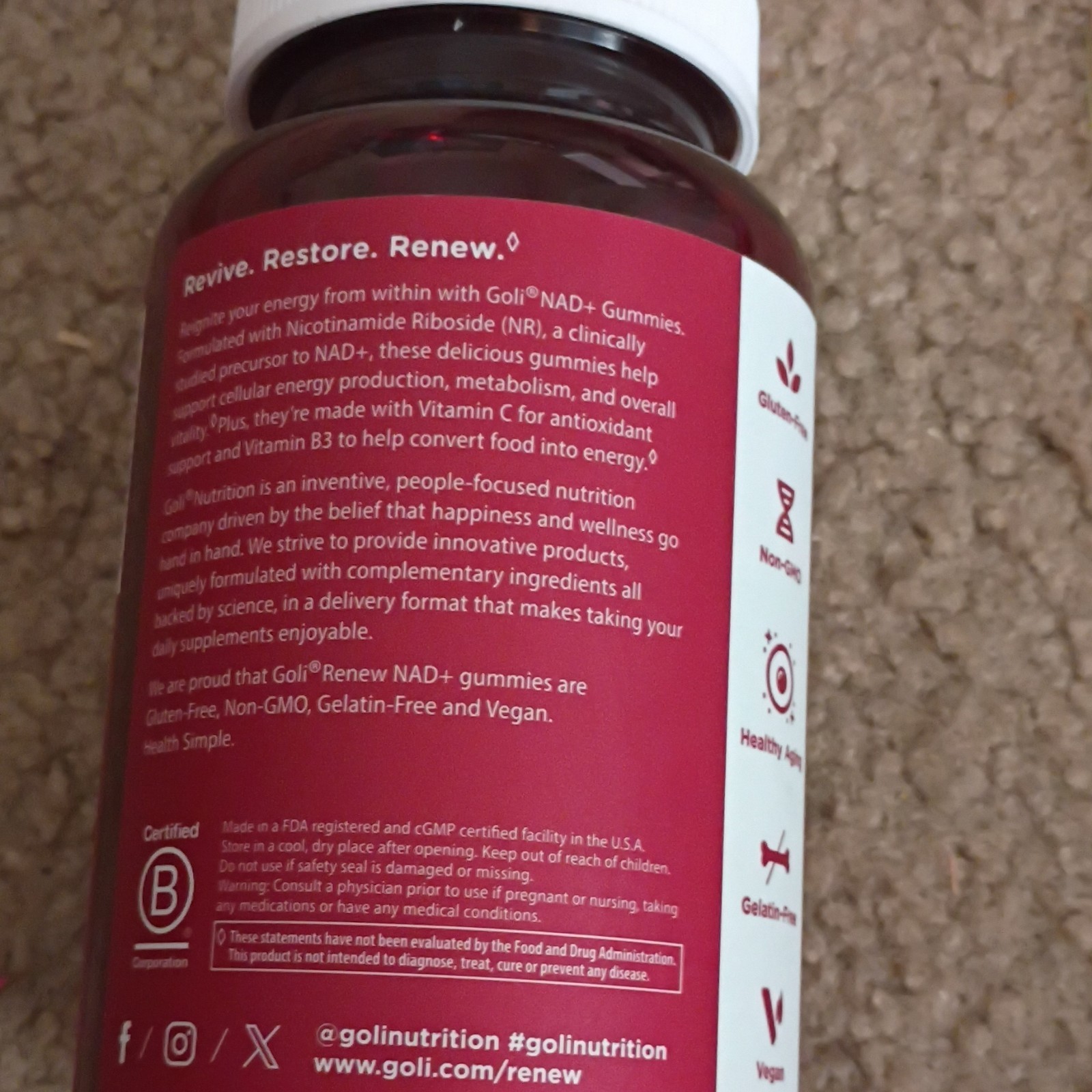 Goli Nutrition Renew NAD+ Nicotinamide Riboside Gummies, 60, Vegan, GF