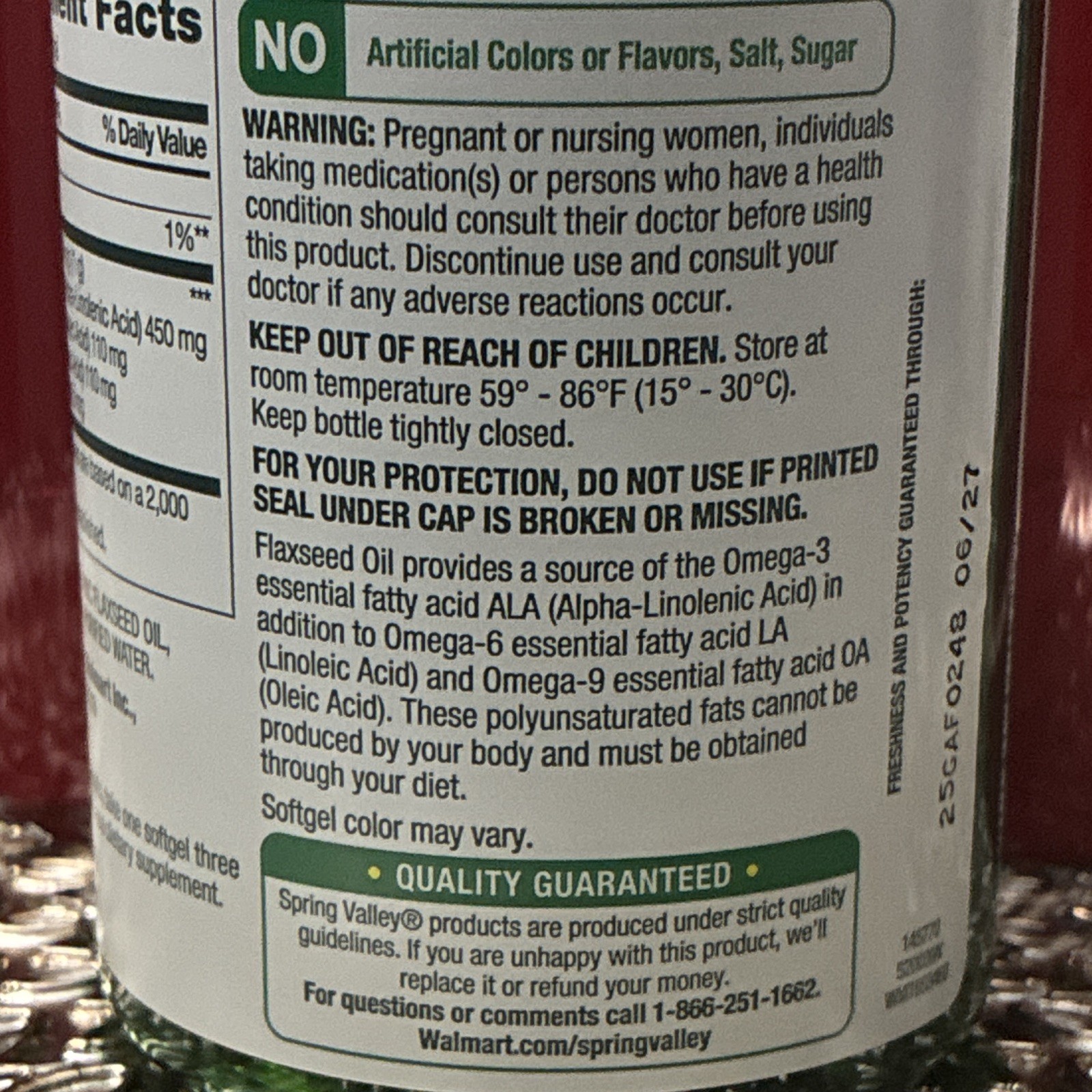 Spring Valley Flaxseed Oil 1000mg Heart Health 100 Softgels Hexane-Free