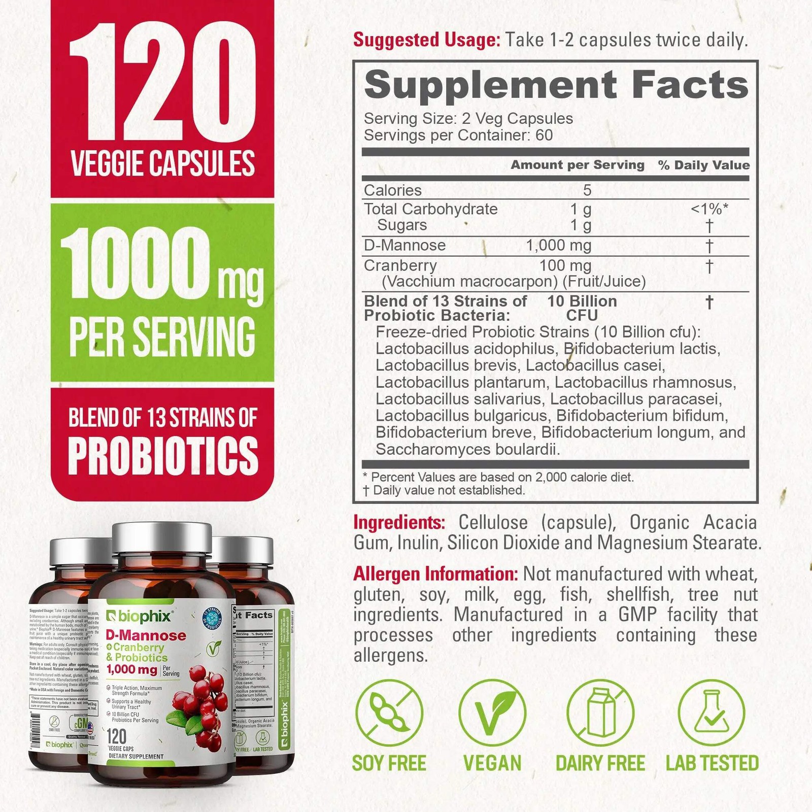 Biophix D-Mannose Plus Cranberry and Probiotics 1000 mg 120 Vegetarian Capsules