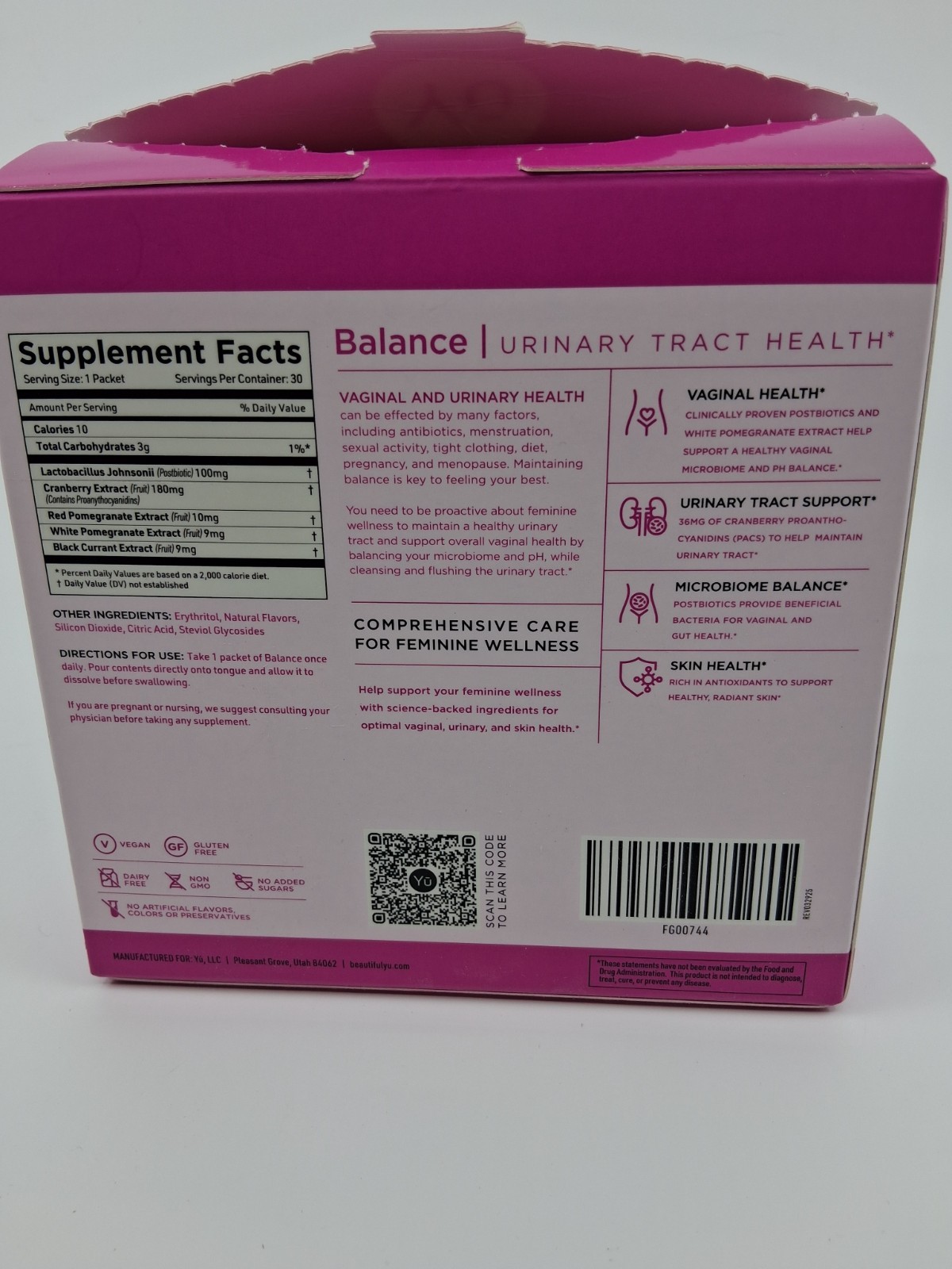 Yu Balance Urinary Tract Health – Cranberry 30 Packets Exp: 7/2027 – Open box