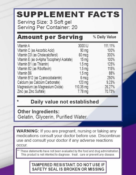 Cal-Mag-Zinc-D3- Complex- Minerals & Vitamins- 60 Soft gels-Bone Support