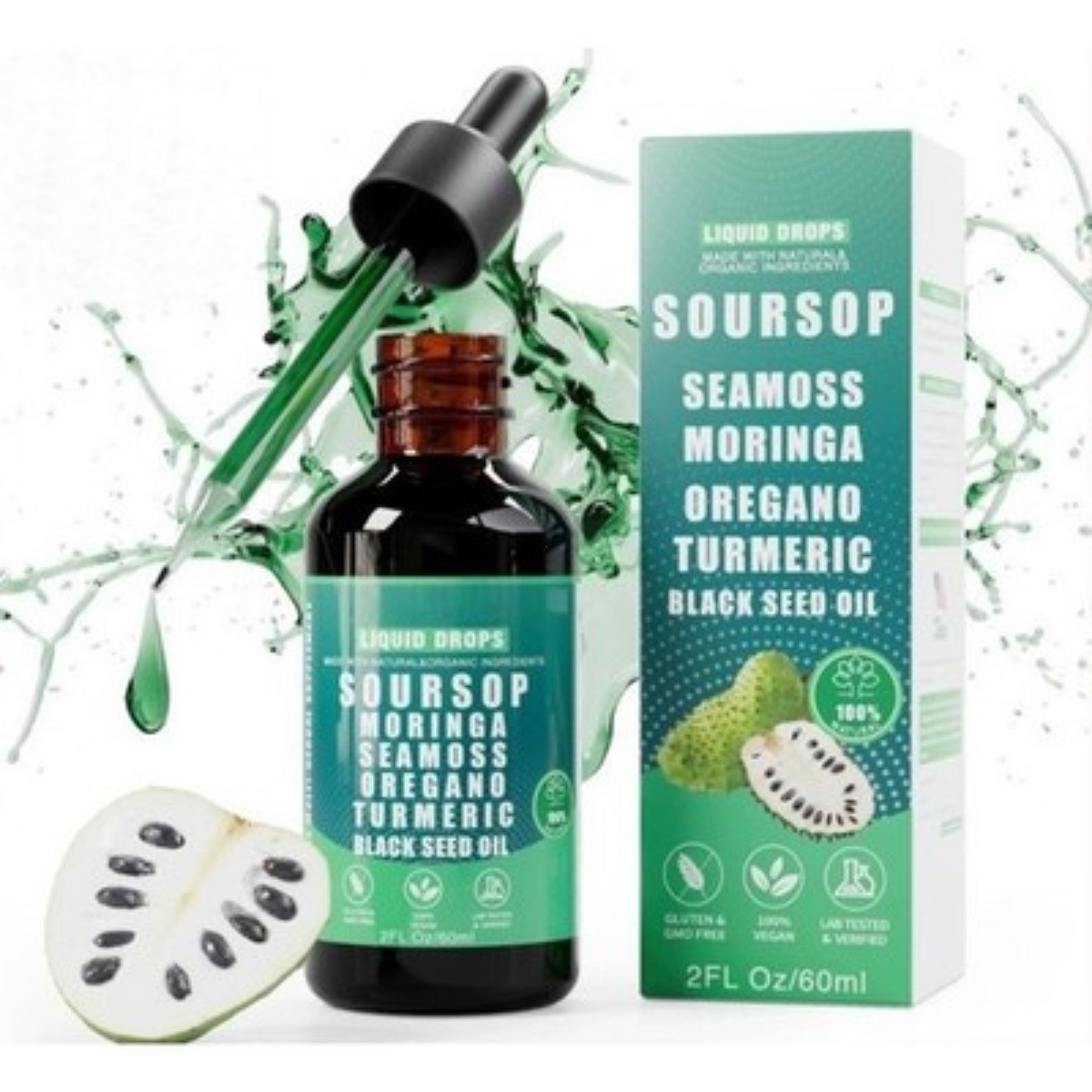Loman Soursop Liquid Drops Seamoss Moringa Black Seed Oil 2 fl oz 60ml